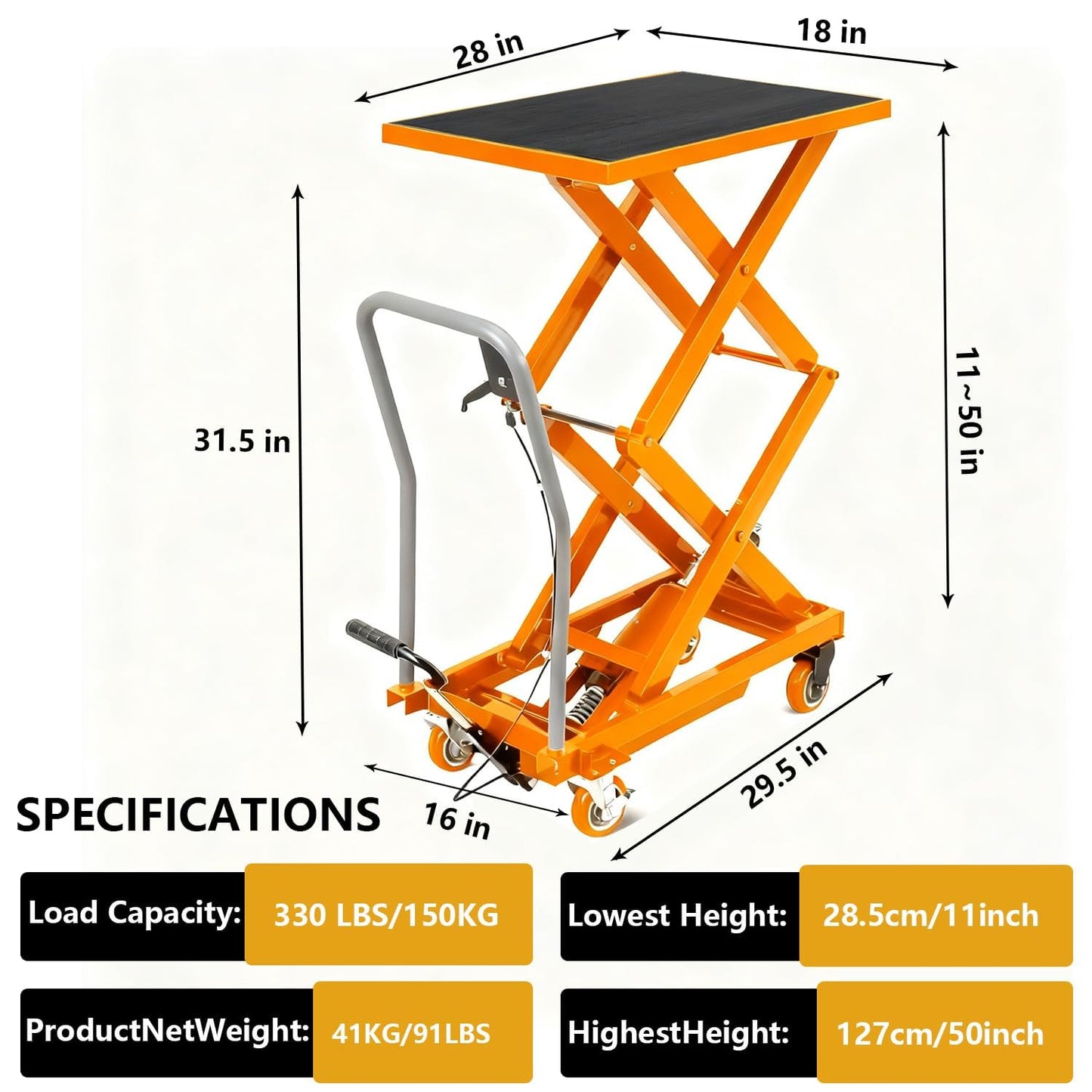 Hydraulic Lift Table Cart, 330lbs Capacity 50" Lifting Height, Double Scissor Lift Table with Non-Slip Pad for Material Handling & Transportation (Yellow, 330LBS-Double Scissor)