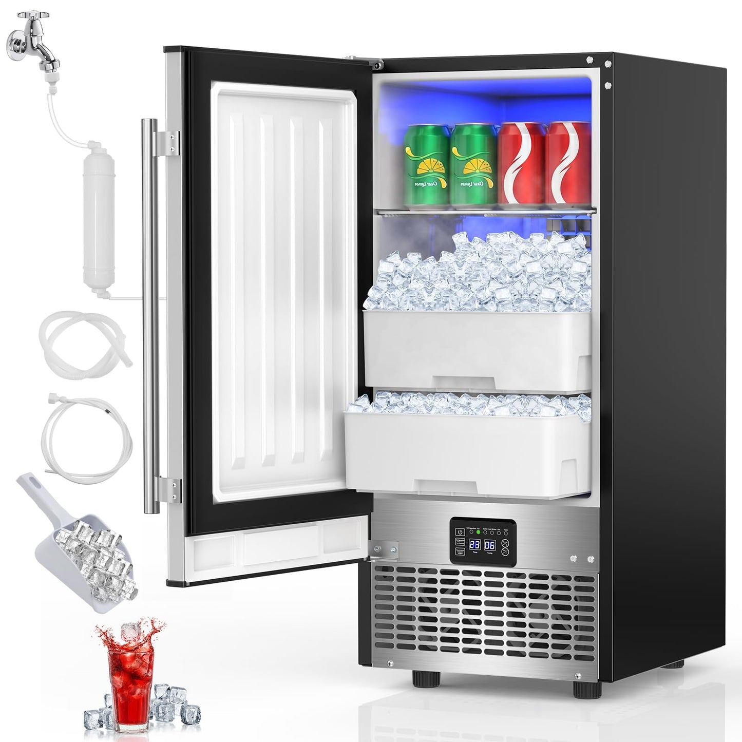 Under Counter Ice Maker 120lbs/24h, 2 in 1 Commercial Ice Machine & Beverage Refrigerator with 2 Drawers & 30lbs Storage, Stainless Steel Reversible Door, Adjustable Ice Thickness for Home Bar Kitchen