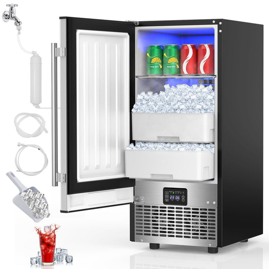 Under Counter Ice Maker 120lbs/24h, 2 in 1 Commercial Ice Machine & Beverage Refrigerator with 2 Drawers & 30lbs Storage, Stainless Steel Reversible Door, Adjustable Ice Thickness for Home Bar Kitchen