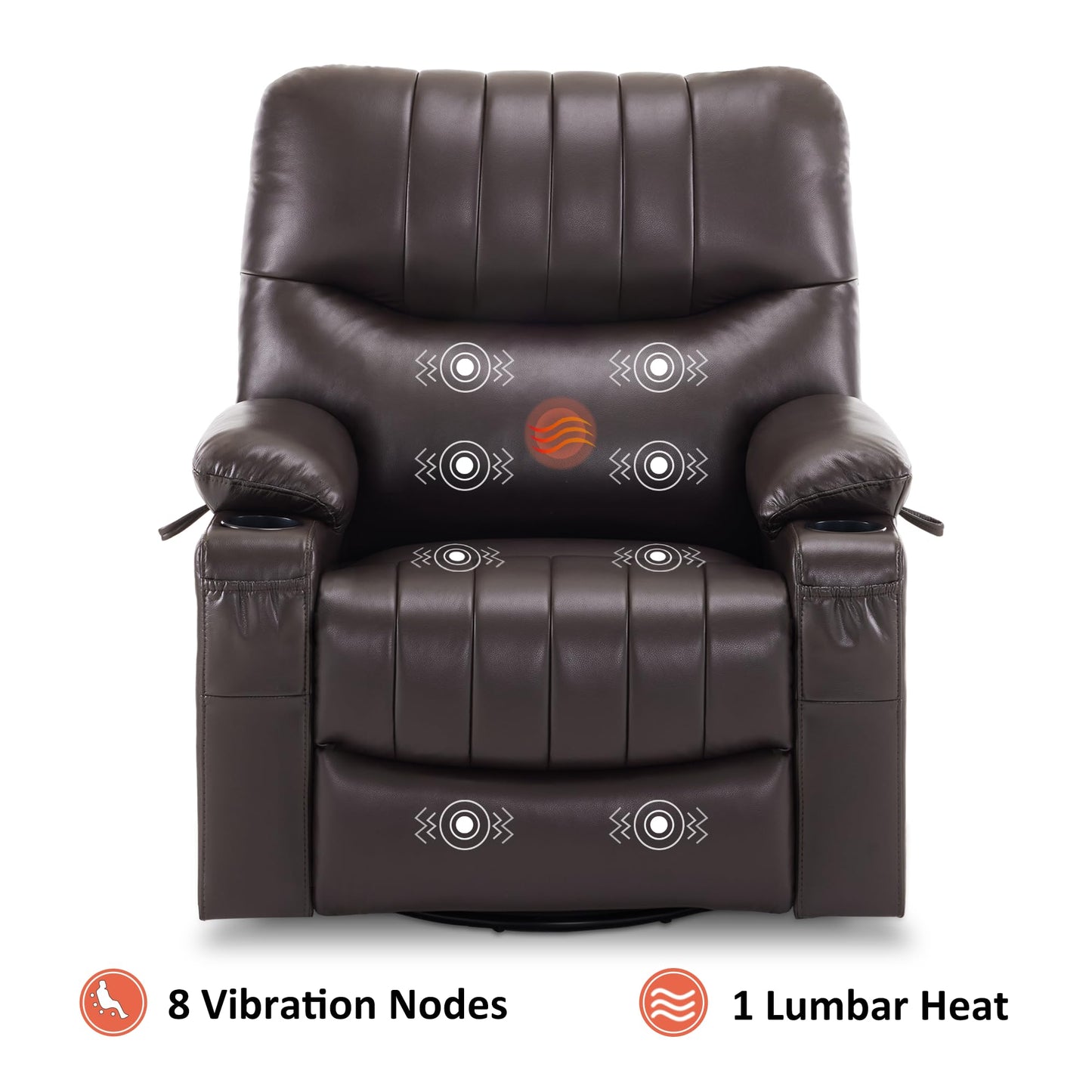 MCombo Oversized Swivel Glider Rocker Power Recliner Chair for Living Room with Heat and Vibration Massage, USB Ports, Cup Holders and Pockets, Faux Leather 7785 (Chocolate Brown)