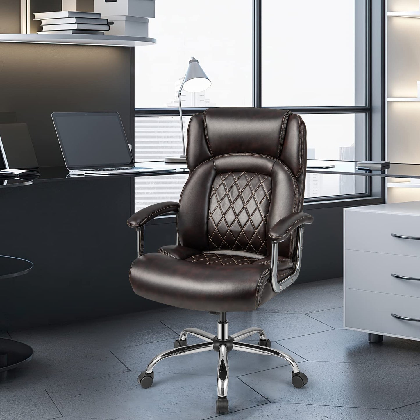 Giantex Big and Tall Office Chair 500 LBS, High Back Executive Office Chair for Heavy People, Adjustable Swivel Desk Chair, PU Leather Computer Chair with Extra Wide Seat for Home Office, Brown