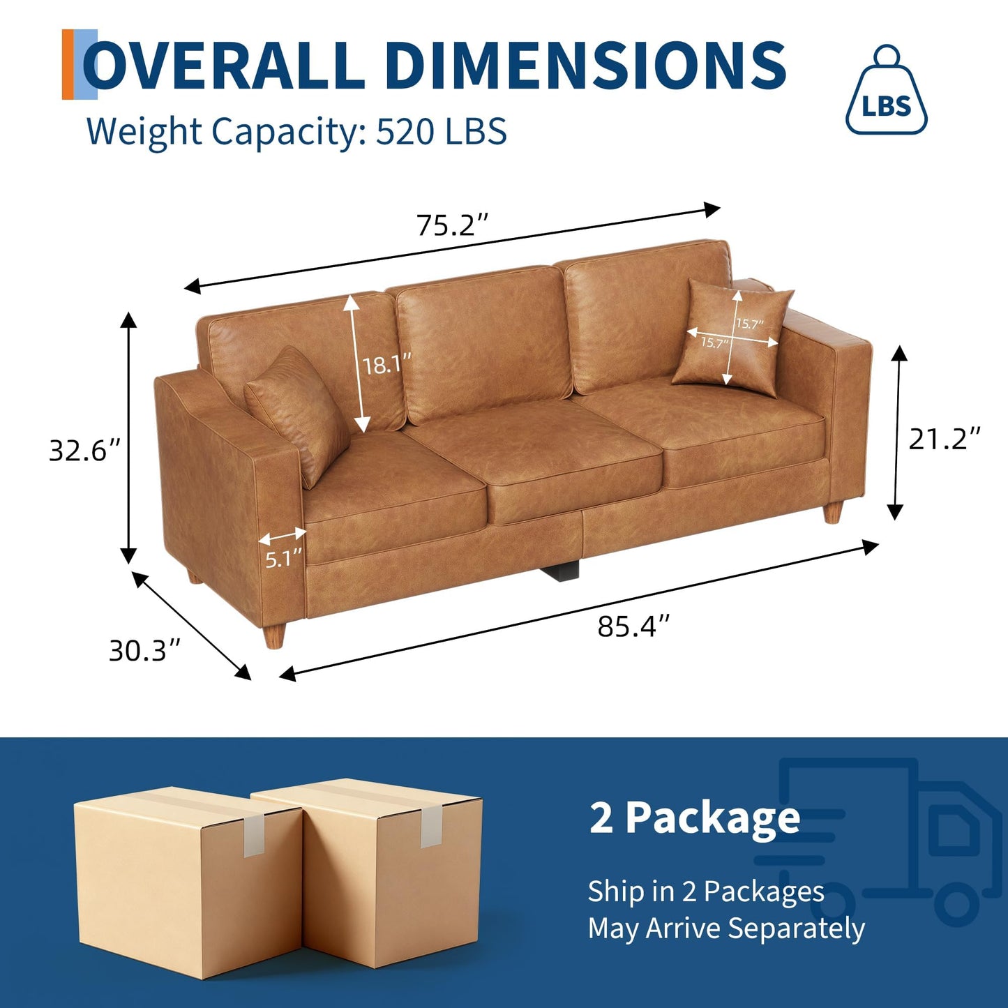 Faux Leather Couch with 2 Throw Pillows, Sofa Couches for Living Room, 3 Seater Sofa with Wide Armrests, Wood Legs, Deep Seats, Back Cushion, Sturdy Support Feet, for Office, Living Room, Brown