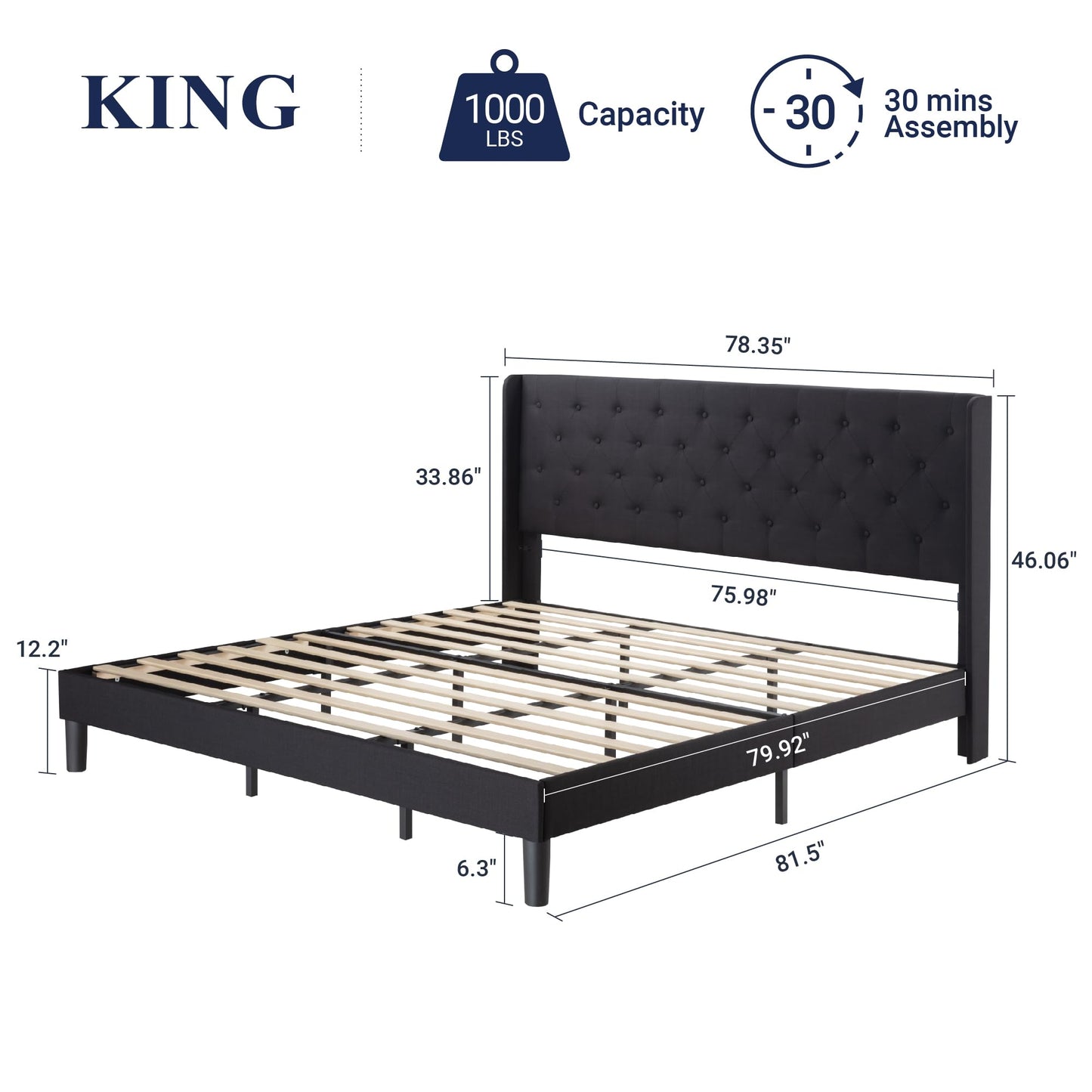Allewie King Size Bed Frame with Button Tufted Wingback Headboard, Modern Upholstered Bed Frame with Solid Wooden Slats Support - No Box Spring Needed, Easy Assembly, Black