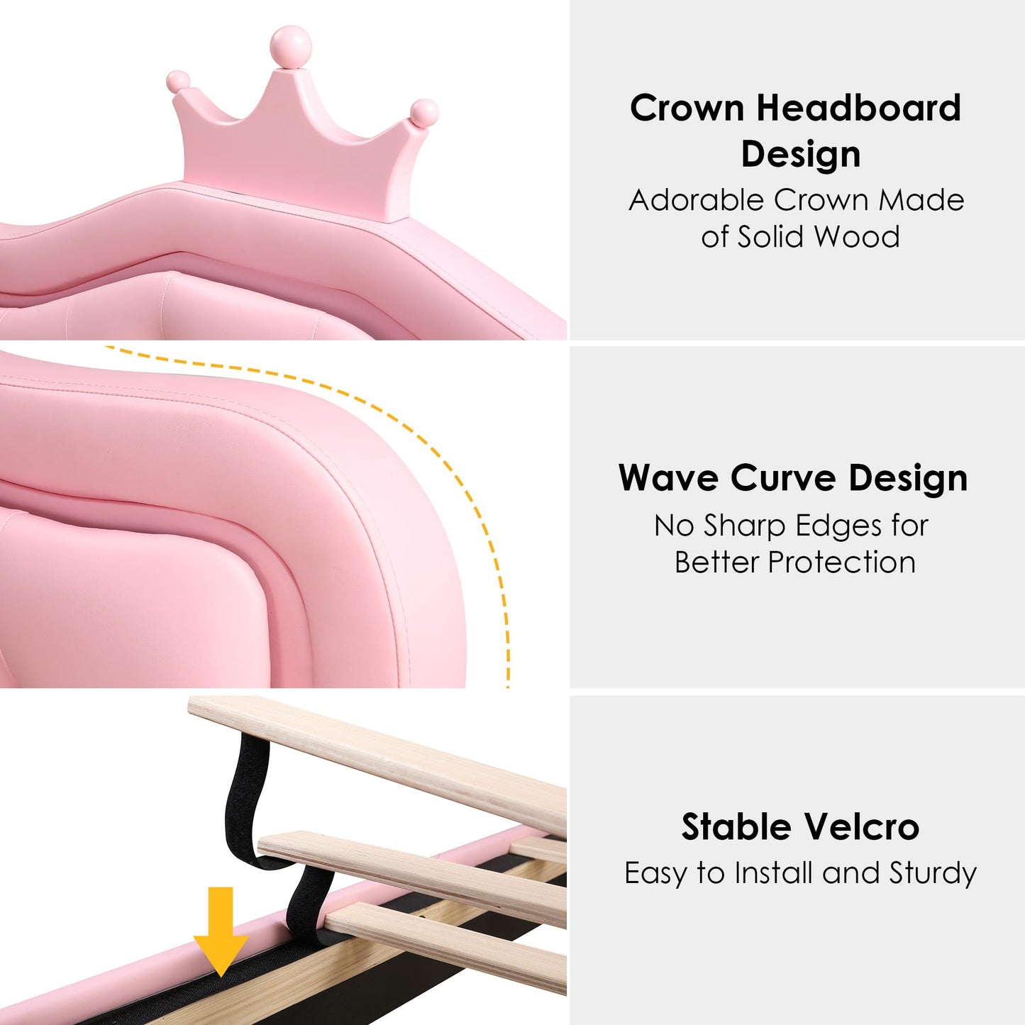Keyluv Full Upholstered LED Bed Frame with Storage Drawer, Leather Princess Platform Bed with Adjustable Crystal Button Tufted Crown Headboard, Solid Wooden Slats Support, No Box Spring Needed, Pink