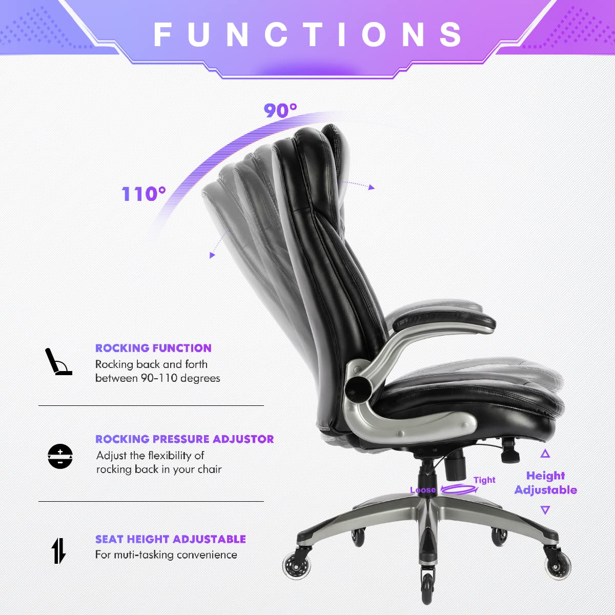 Ergonomic Executive Office Chair, High Back Leather Desk Chair with Flip-up Arms and Adjustable Height, Swivel Rolling Computer Chair with Heavy Duty Metal Base,300lbs,Black for Home Office or Study