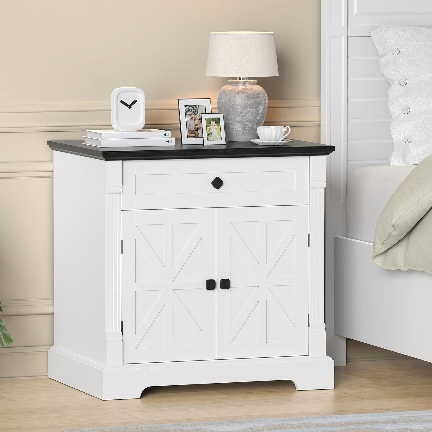 Bigbiglife 29.9" Large Printer Stand, Home Office Printer Cabinet with Drawer & Barn Doors, Wood Accent Cabinet Nightstand End Table for Living Room Bedroom, Black Top & White Finish