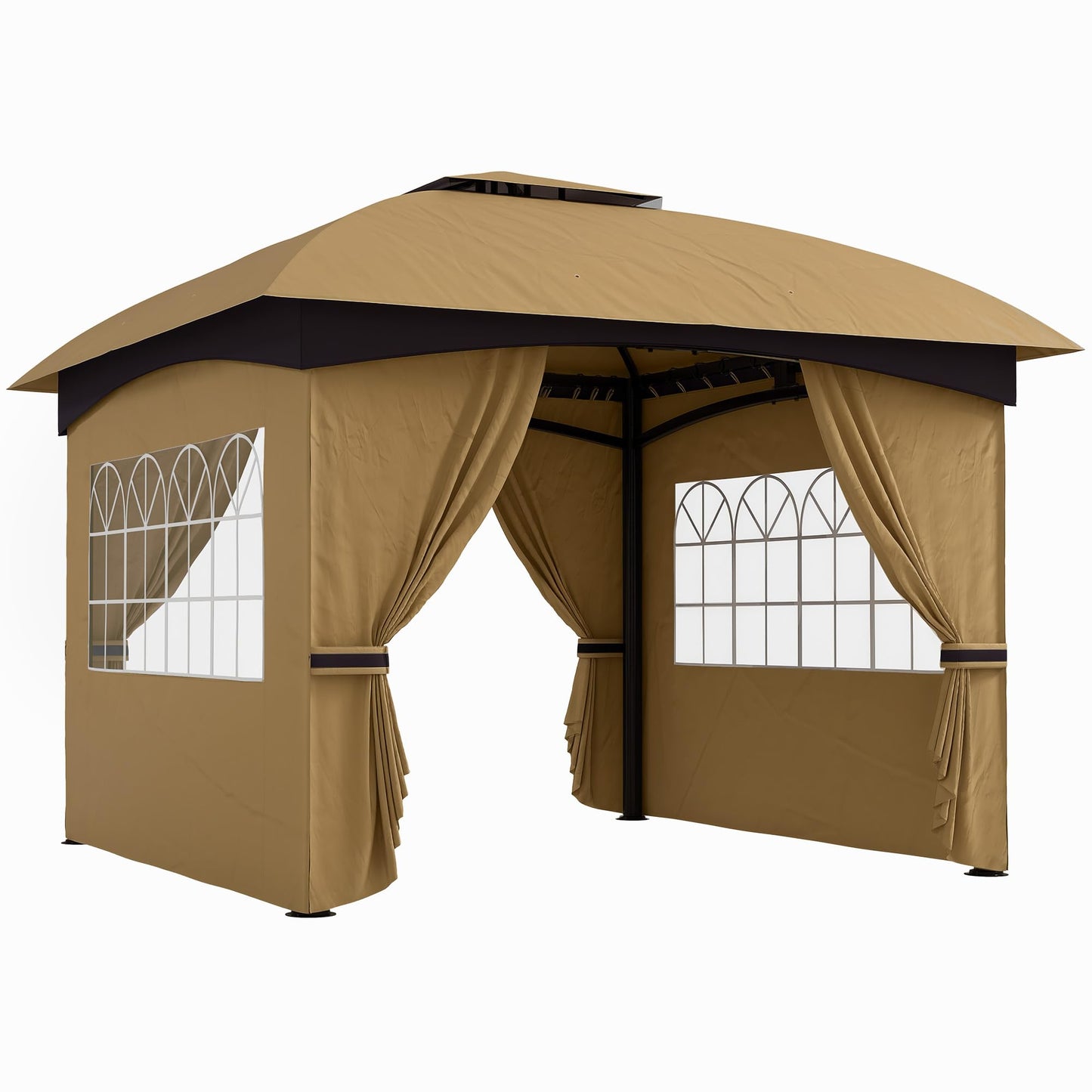 Outsunny 11' x 11' Outdoor Gazebo, Arc Patio Gazebo Canopy Shelter, UV Protected, with Curtains, Church Windows, Double Roof, Galvanized Steel Frame for Lawn, Backyard and Deck, Beige