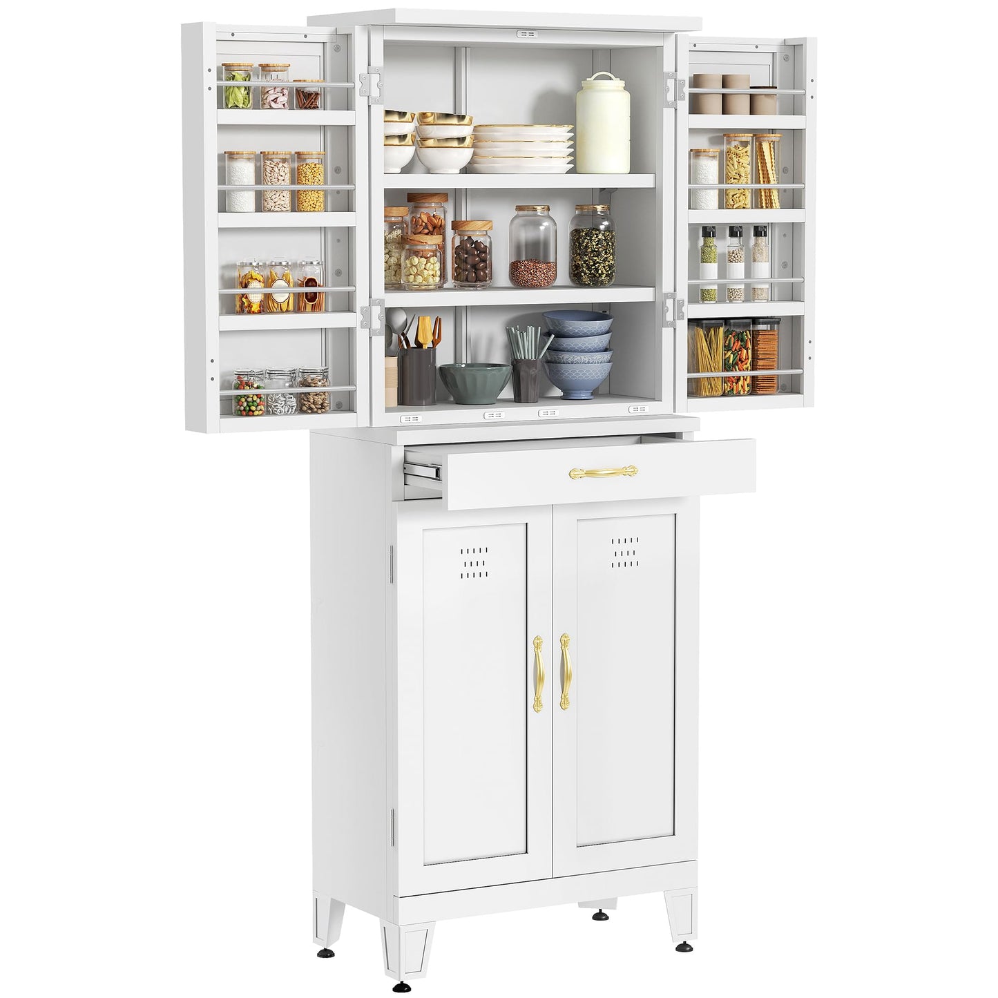 YITAHOME 71" Metal Kitchen Pantry Cabinet with 4 Door & 4 Adjustable Shelves, Storage Cabinet with 1 Drawer & 8 Door Racks, Tall Freestanding Food Steel Cupboard for Kitchen, Dining Room, White