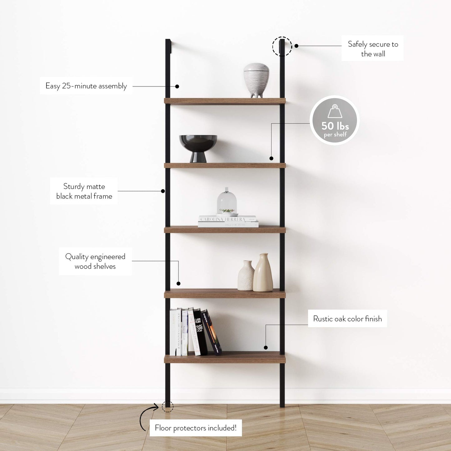 Nathan James Theo 5-Shelf Wood Modern Bookcase, Open Wall Mount Ladder Bookshelf with Industrial Black Metal Frame, Reclaimed Oak, Set of 2