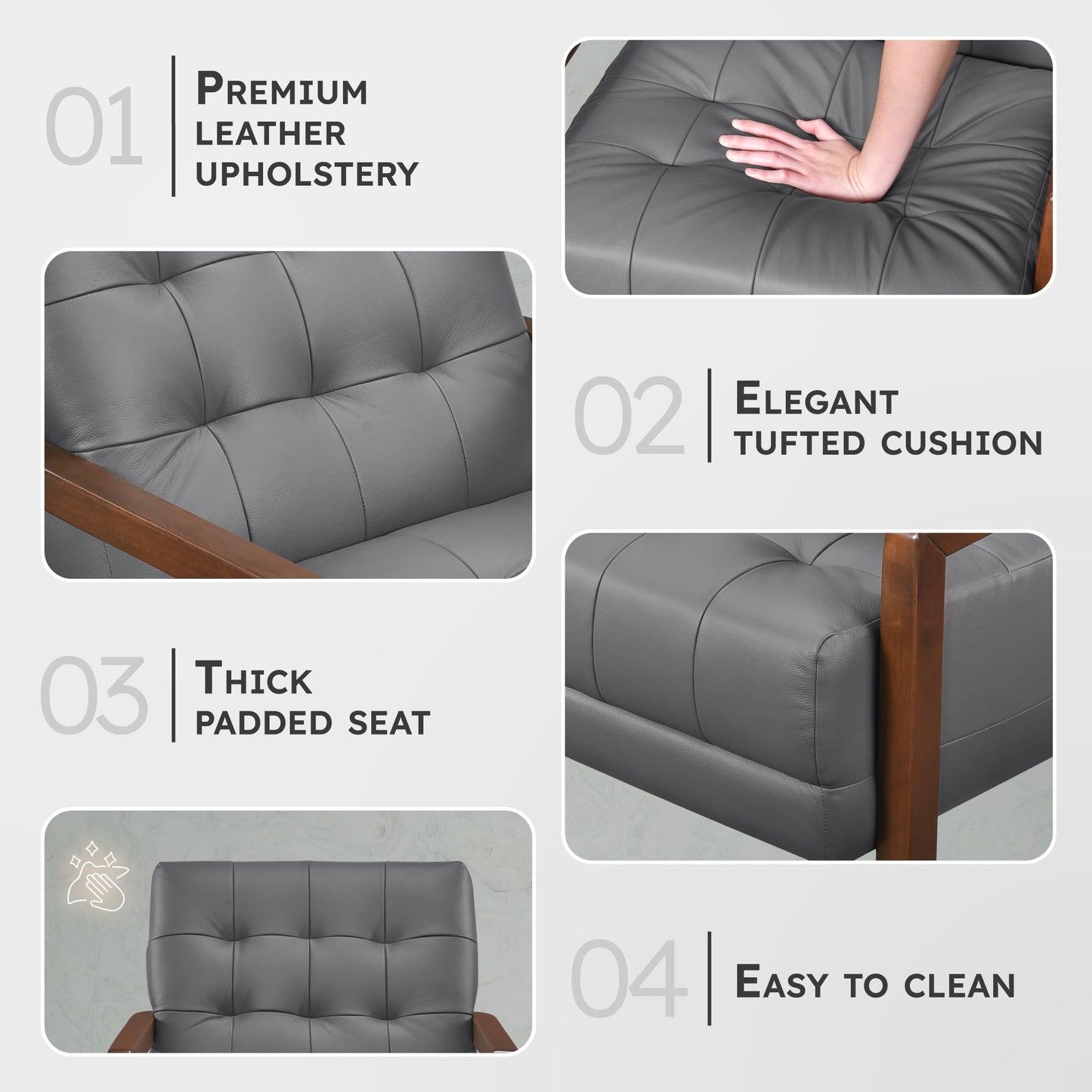Lexicon Modern Accent Chair, Luxury Genuine Leather Match Living Room Chair with Tufted Cushions, Solid Wood Frame and Arm Rest, Comfy Upholstered Single Seat for Bedroom/Reading/Office, Dark Gray
