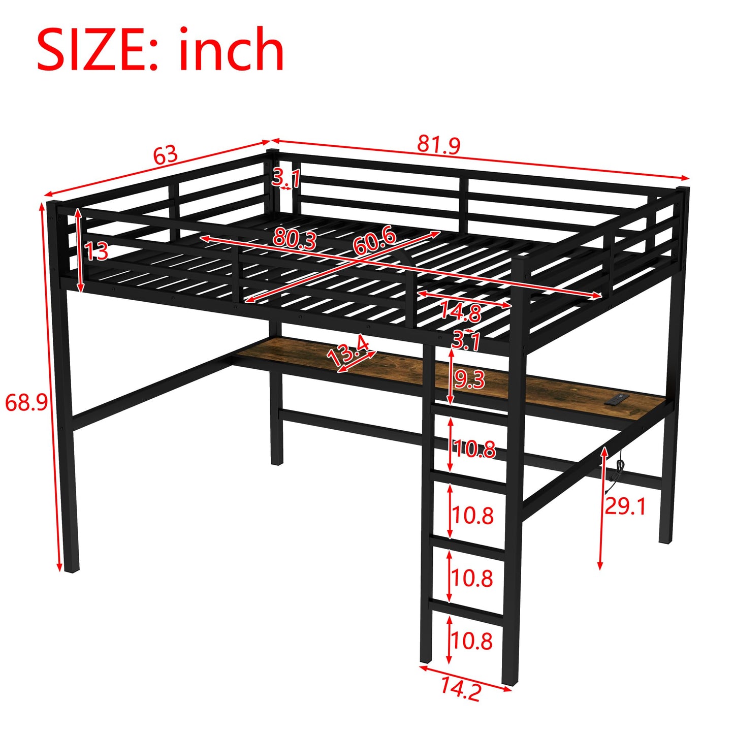 Bellemave Queen Loft Bed with Desk, Metal Queen Size Loft Bed Frame with Built-in Ladder, LED Loft Beds with Charging Station & Safety Guardrails for Kids,Teens, Adults, Black