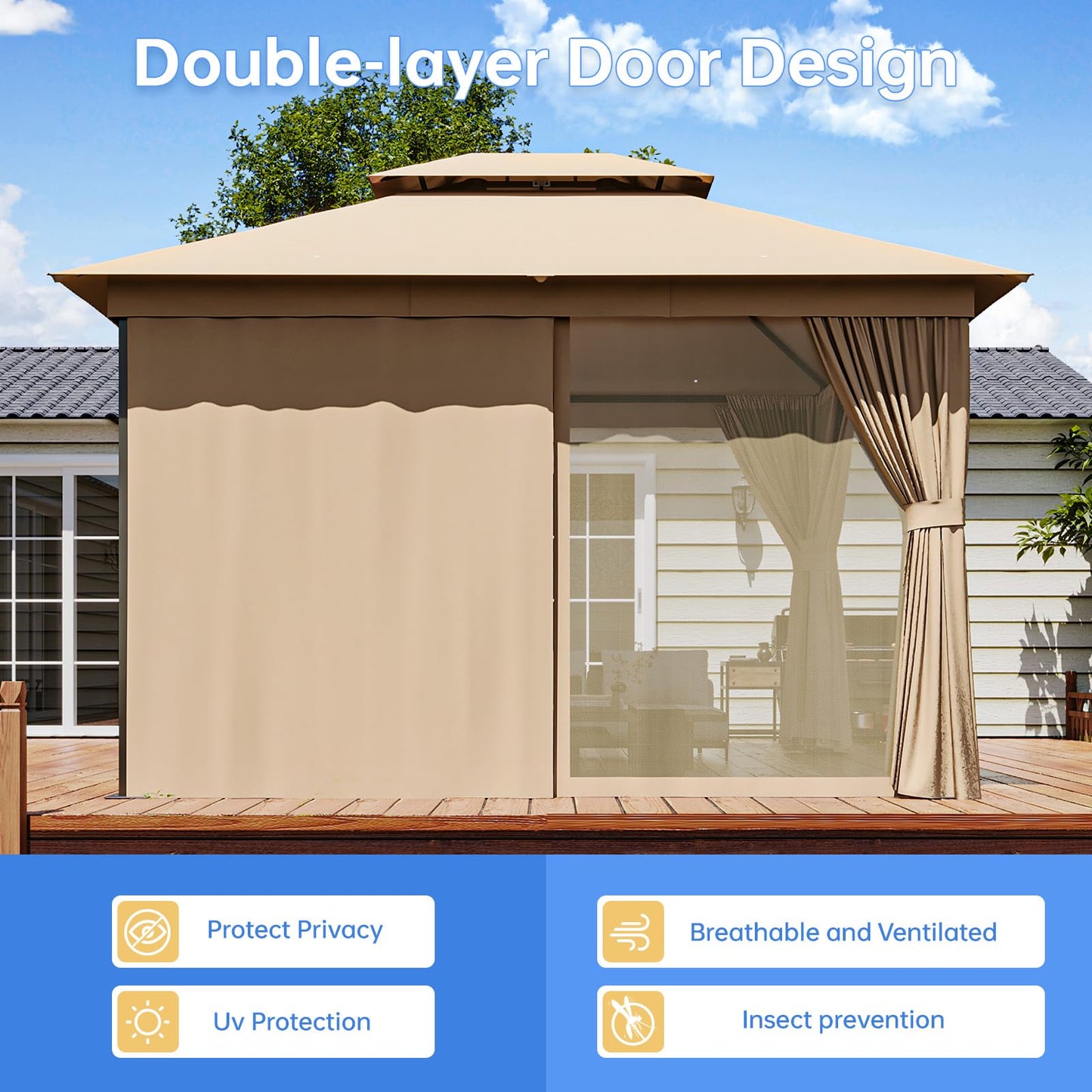 Outdoor Gazebo Metal Frame Patio Pergola Double Roofs Patio Canopy with Double-Layer Door and Mosquito Netting for Deck, Backyard, Lawn (Beige, 10x12FT)