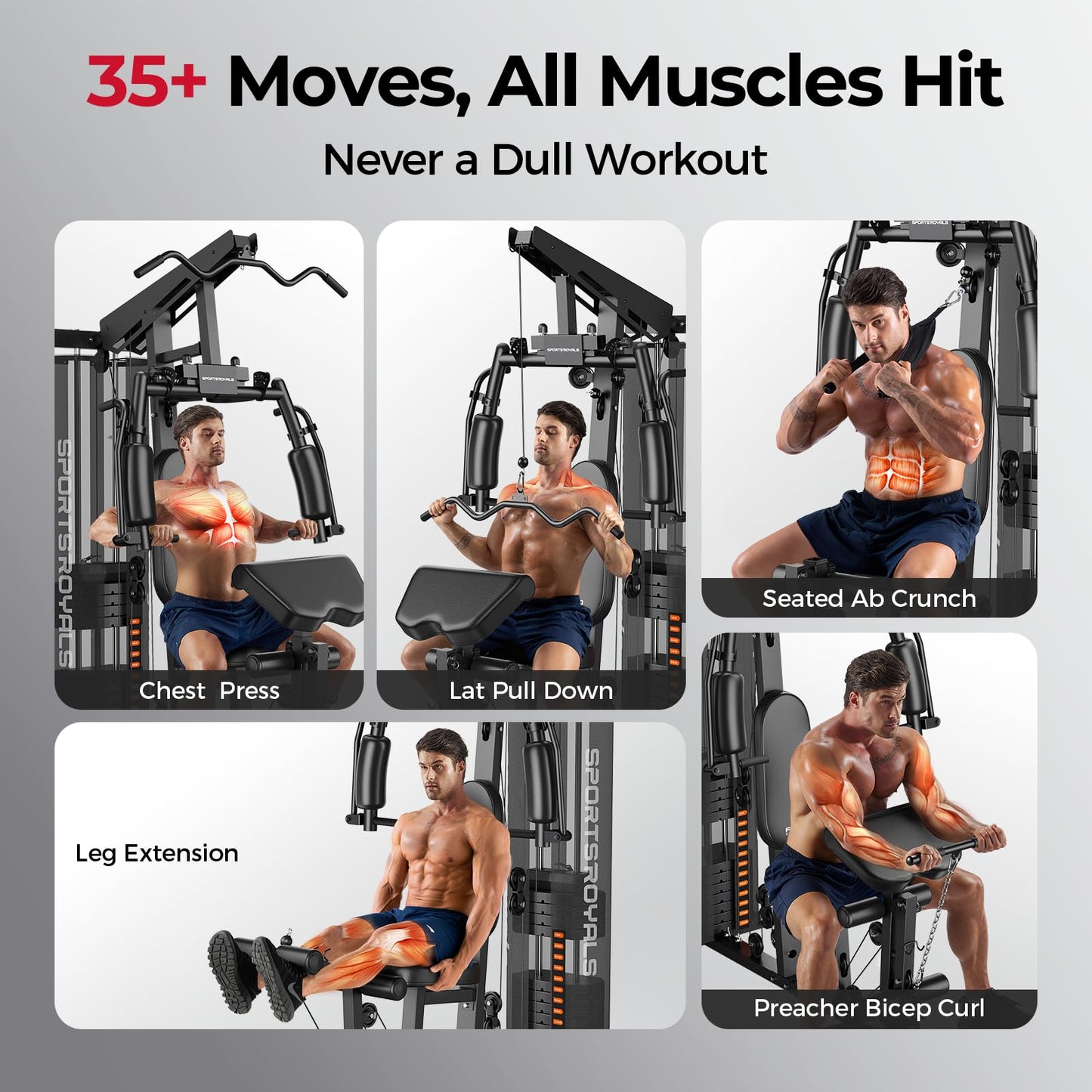 Sportsroyals Home Gym, Multifunctional Workout Station with 150LBS Weight Stack, Full Body Workout Equipment for Home Exercise Fitness (Ink Black)
