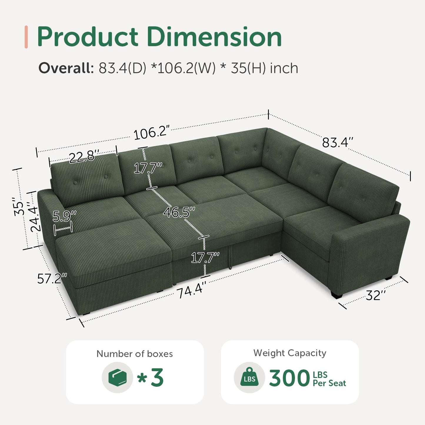 HONBAY 106.2 Inch U-Shaped Sectional Sleeper Sofa with Pull-Out Bed & Storage Ottoman, 7-Seater Sectional Sofa for Living Room, Pet-Resistant Corduroy Couch, Green