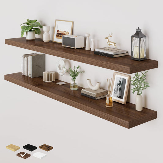 RICHFOCUS 72 Inch 12" D Floating Shelves for Wall 2 Pack Long Wall Shelves for Room Wall|Large Wood Hanging Shelf with Invisible Brackets for Bathroom Bedroom Kitchen Laundry Room, Walnut