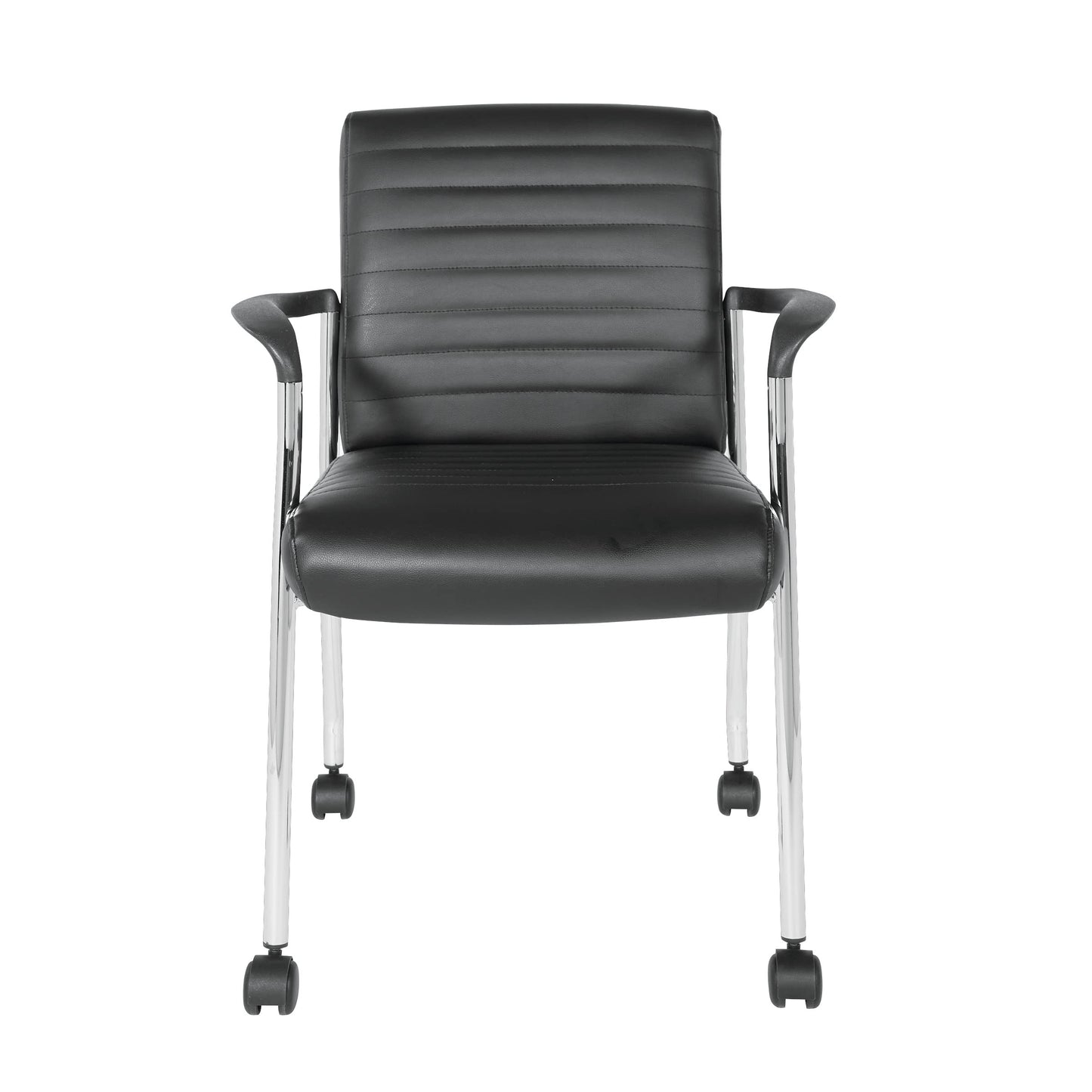 Office Star FL Series Faux Leather Padded Guest Chair with Built-in Lumbar Support and Casters, Black with Chrome Frame