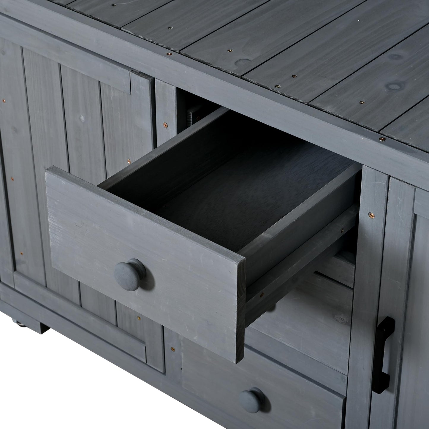 GDFStudio Preden Outdoor Storage Bench Table with Cabinet, Patio Wooden Potting Bench, Garden Storage Work Bench with Stainless Steel Top, Drawers, Cabinets, Shelves and Hooks, Kitchen Island, Gray