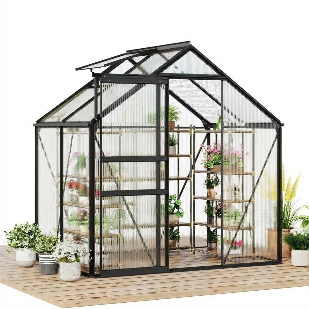 COZONY Heavy Duty Aluminum Frame Walk-in Greenhouse, 6x4 FT Polycarbonate Panels - Sliding Door, Adjustable Roof Vent, Rain Gutter - Sturdy Outdoor Greenhouse for Backyard, Patio, Garden - Color: