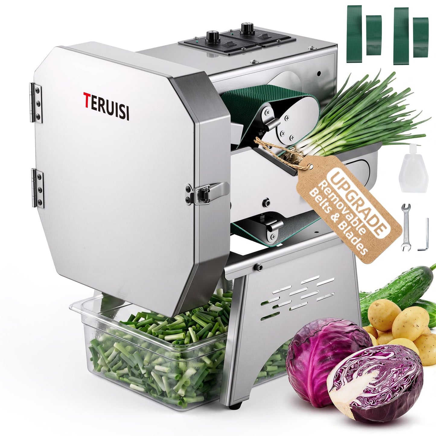 TERUISI Commercial Vegetable Chopper, 200W Electric Vegetable Cutter 450LBS/H Production, Stainless Steel Onion Chopper with Upgrade Removable Belts & Blades, 2-20mm Adjustable Thickness, 110V
