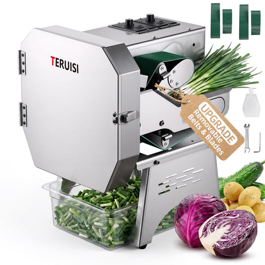 TERUISI Commercial Vegetable Chopper, 200W Electric Vegetable Cutter 450LBS/H Production, Stainless Steel Onion Chopper with Upgrade Removable Belts & Blades, 2-20mm Adjustable Thickness, 110V