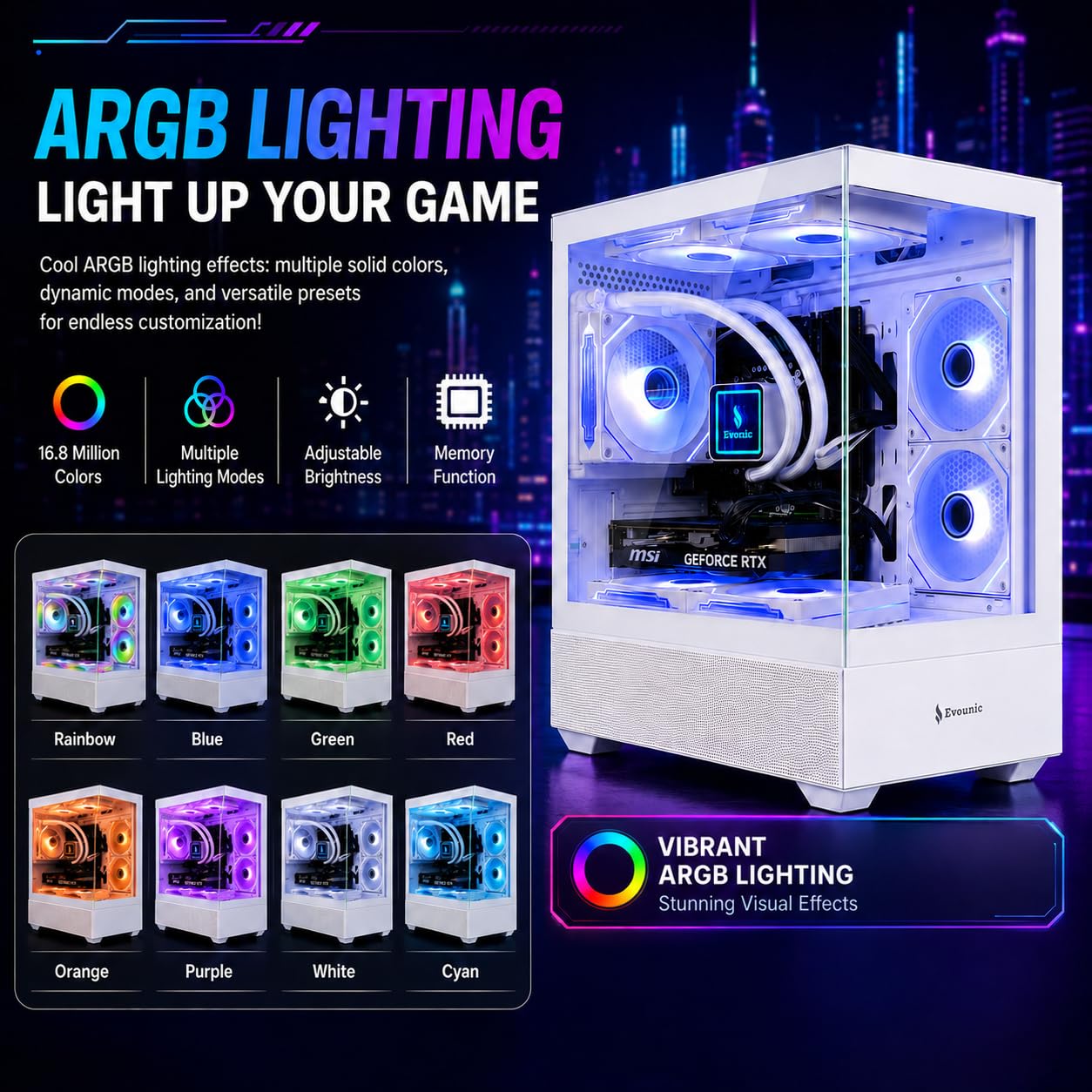 Evounic Gaming Desktop PC Computer Liquid Cooled 12-Core Processor, GeForce RTX 4060 GDDR6, 64GB RAM, 512GB NVMe SSD + 1TB HDD, WiFi 6 & BT 5.4, 7× ARGB Fans, 650W PSU, Windows 11