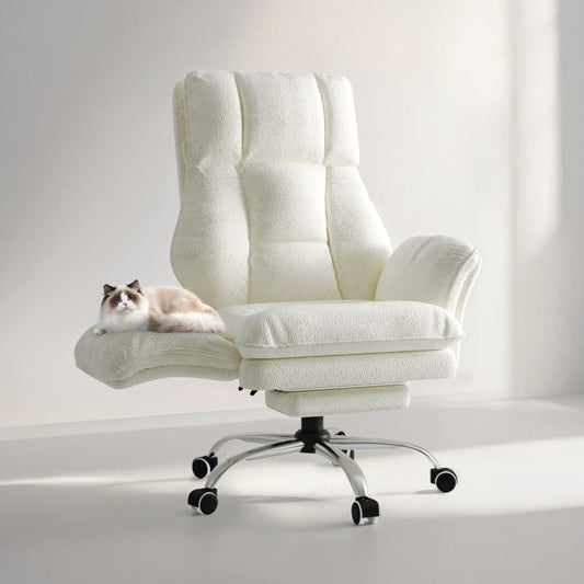 Big and Tall Office Chair, Flip Armrests for Pets & Cross Legged Sitting, Executive Ergonomic Computer Gaming Chair with Foot Rest, Teddy Fleece Wide Seat Reclining Desk Chair, White Vanity Chair