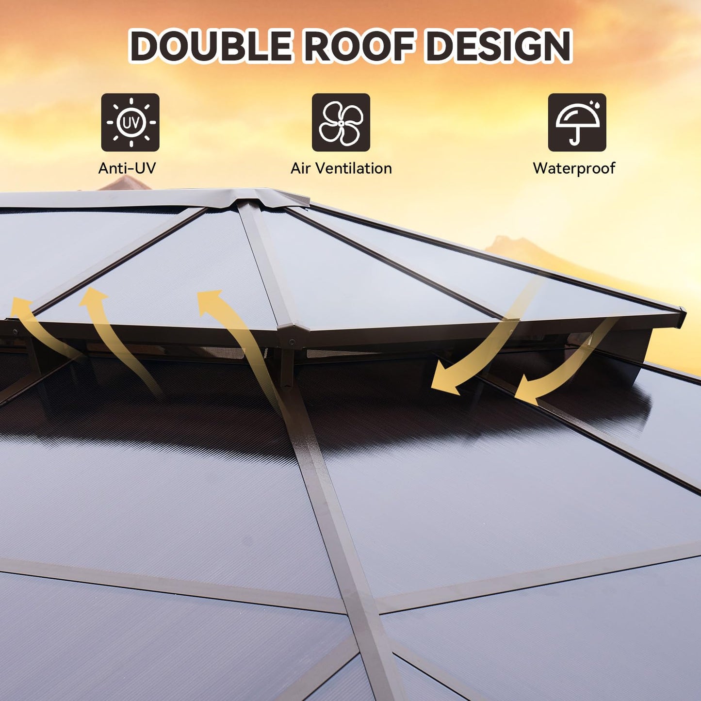 Aoxun 12'x16' Hardtop Gazebo, Outdoor Metal Gazebo with Double Polycarbonate Roof Canopy, Permanent Pavilion with Netting and Curtains for Lawn, Garden, Patio (Brown)