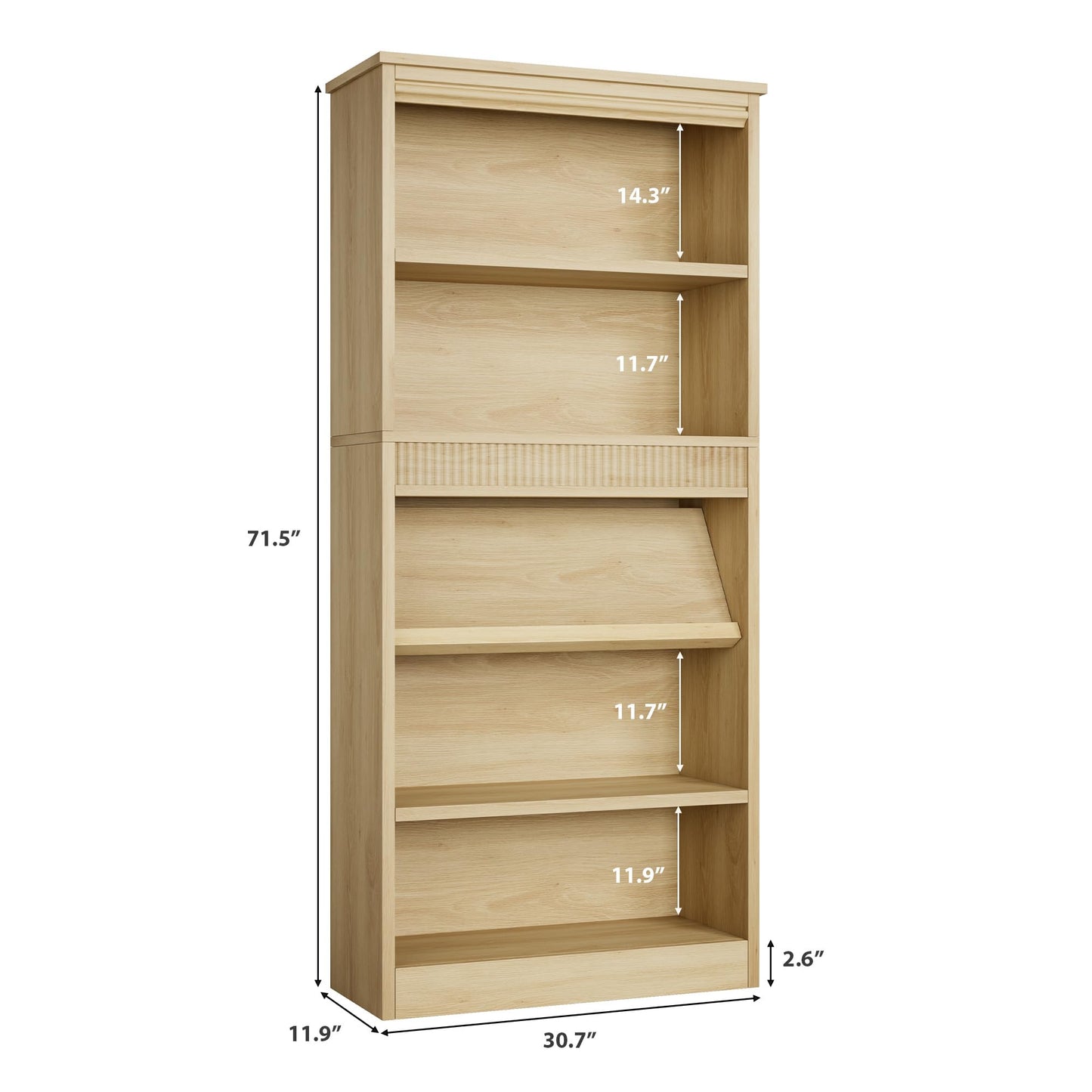 GarveeHome 71 in Farmhouse Bookcase w/Display Rack & Fluted Design, 5 Tier Tall Bookshelf with Wooden Base, Wood Bookshelf Vintage Book Shelf for Office Library (Nature, 71.5" H x 30.7" W x 11.9" D)