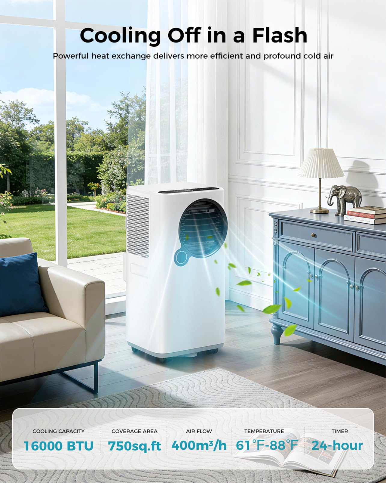Portable Air Conditioners 16000 BTU 6-in-1 Smart AC Unit with WiFi App for Large Rooms up to 750 Sq. Ft., Quiet 45dB Sleep Mode 24H, Child Lock, Dehumidifier Fan, Perfect for Bedroom Home Office