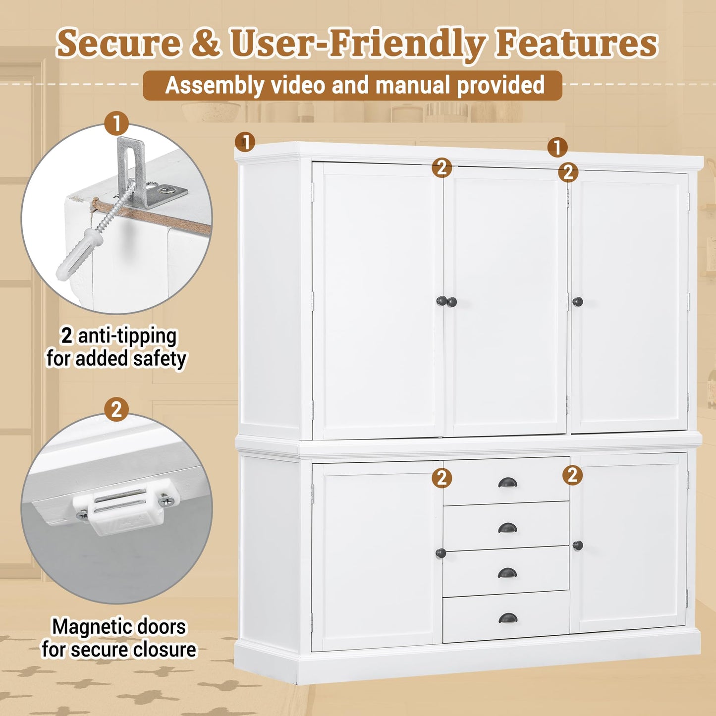 Merax 73'' Freestanding Wooden Kitchen Pantry Organizers and Storage Cabinet with 4 Drawers Cupboard with Door Adjustable Shelves for Dining Room, White