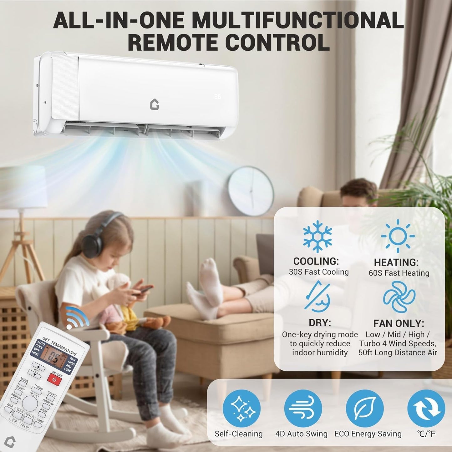 9,000 BTU Mini Split Air Conditioners, AC/Heating System, 20 SEER2, Quiet Operation, 230V WIFI Enabled Energy Efficient Mini Split Unit, Heat Pump & Installation Kits for Rooms Up to 450 Sq.ft