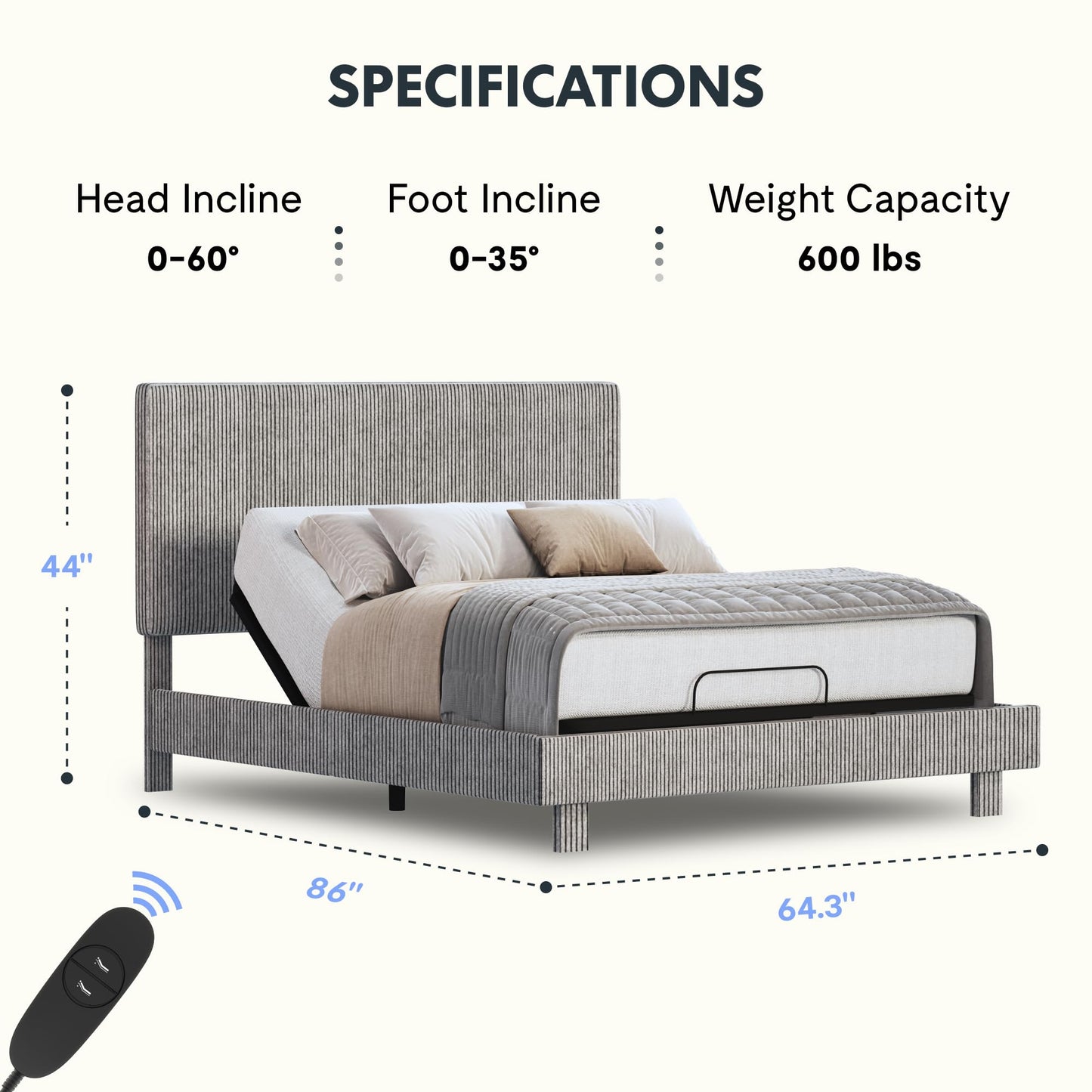FLEXISPOT Queen All-in-One Adjustable Bed with Velvet Upholstered Bed Frame, Vertical Channel Fluted Headboard, Head & Foot Lift, Adjustable Headboard, Thick Foam Padding, Easy Assembly, Light Grey