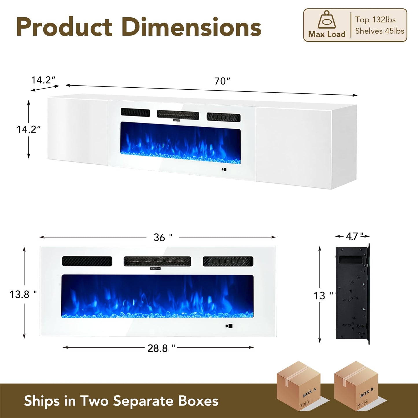 OneBlis 70" Floating TV Stand, Wall-Mounted Entertainment Center with 36" Electric Fireplace, Fits TVs Up to 80 Inches, Media Console with LED Lights for Living Room, White+White