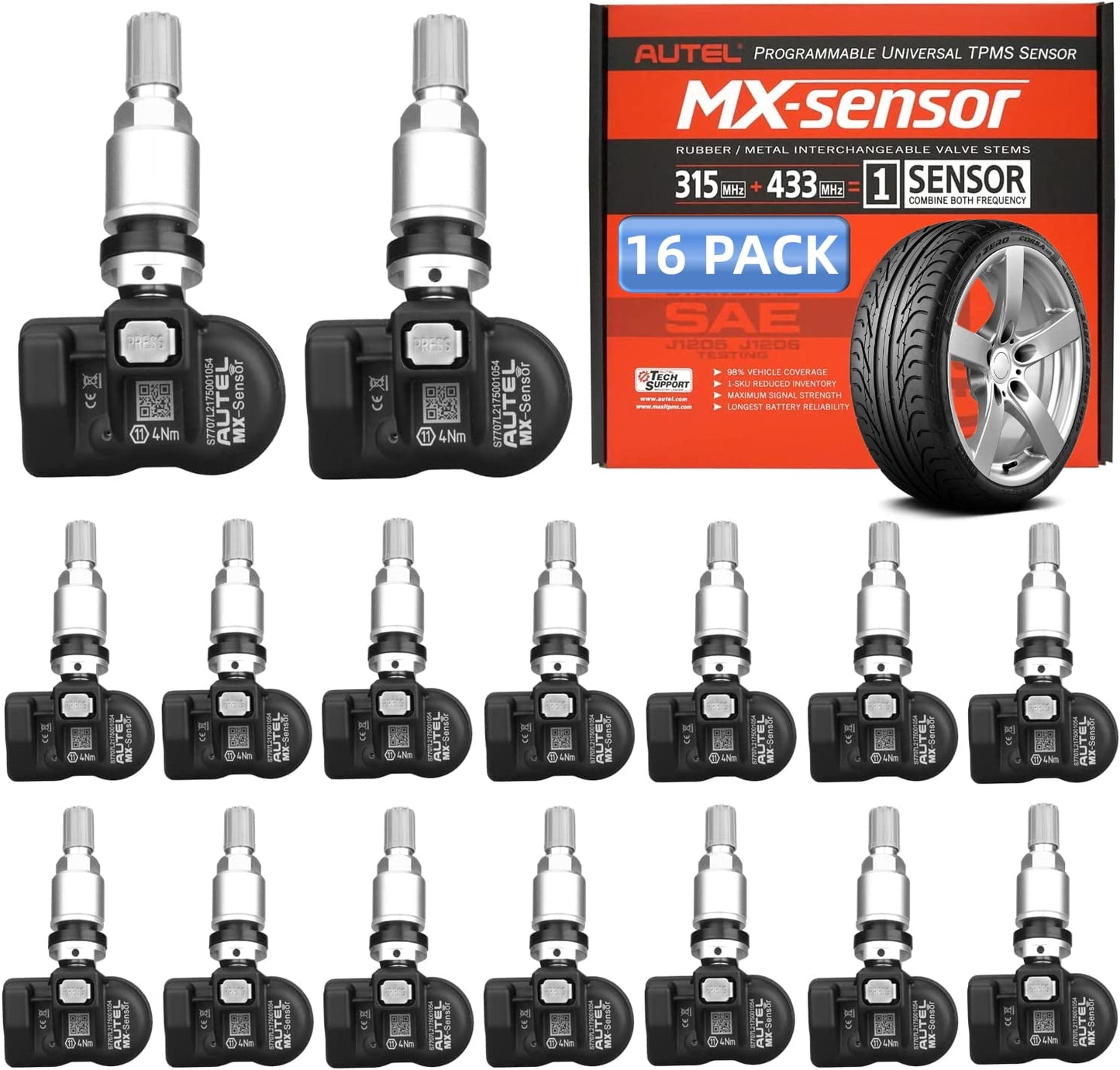 Autel TPMS Sensors 2in1 MX-Sensor 315MHz + 433MHz Press-in Tire Pressure Monitor System Sensor OE-Level TPMS Sensor Programmable by Autel TPMS Tool with TS408 TS508WF TS601, (Metal Stem Set of 16)