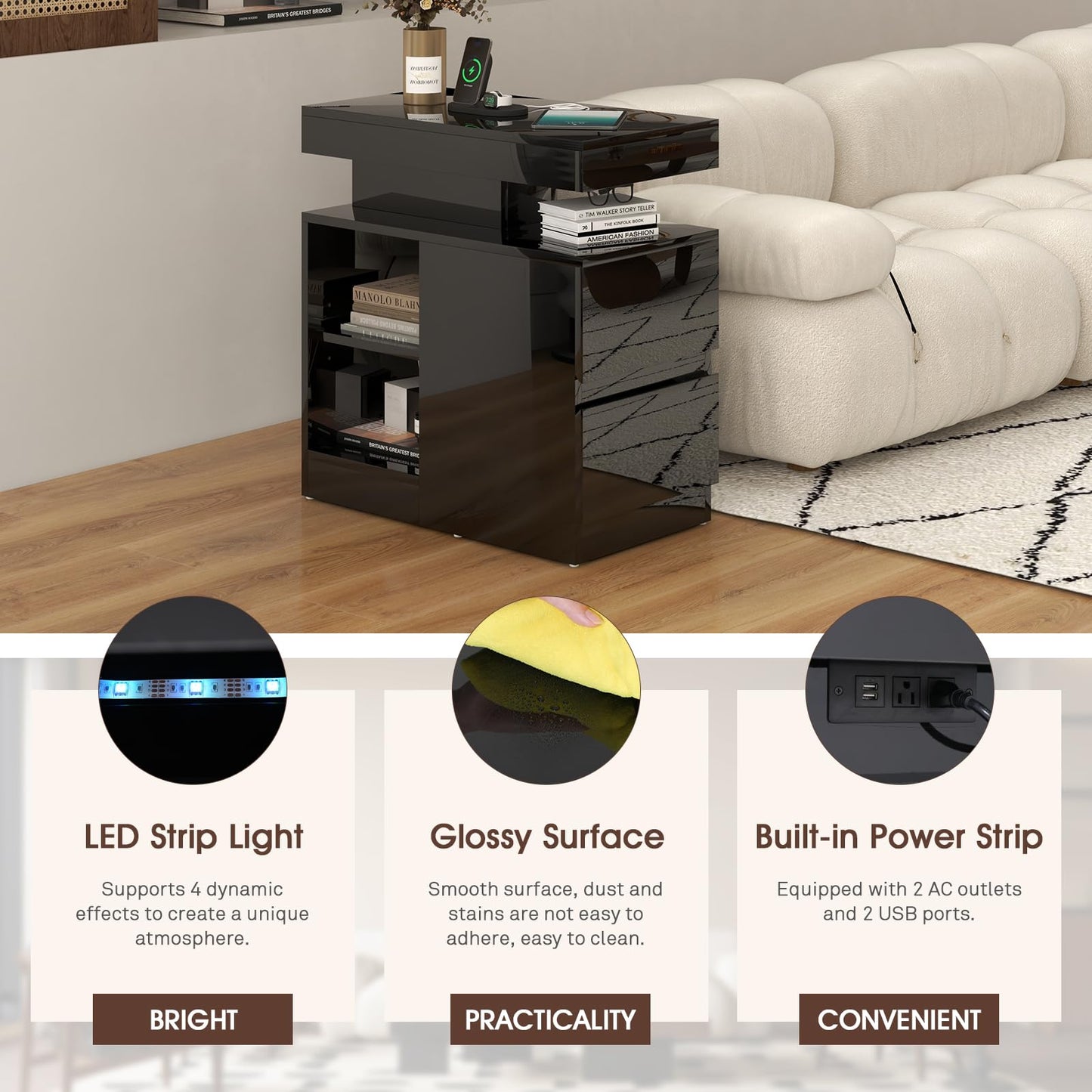 OC Orange-Casual LED End Table with Power Outlet, High Glossy Sofa Side Table, Small Nightstand with Drawer and Storage Cabinet, Narrow Side Table with Charging Station for Living Room (2, Black)