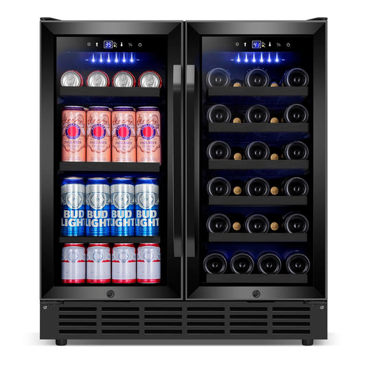 Velieta 30'' Wine and Beverage Refrigerator, Upgrade Dual Zone Wine Cooler, 30 Inch Wine beverage Fridge Built in or Freestanding Under Counter Large Capacity Glass Door Advanced Cooling System,Black