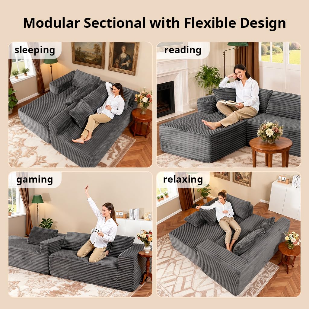 COMHOMA 105”Modular Sectional Sofa with Deep Seat,Cloud Upholstered L-Shape Boneless Couch Wide Arms Corduroy Fabric High-Density Foam Chaise Lounge for Living Room No Assembly Required,Dark Grey
