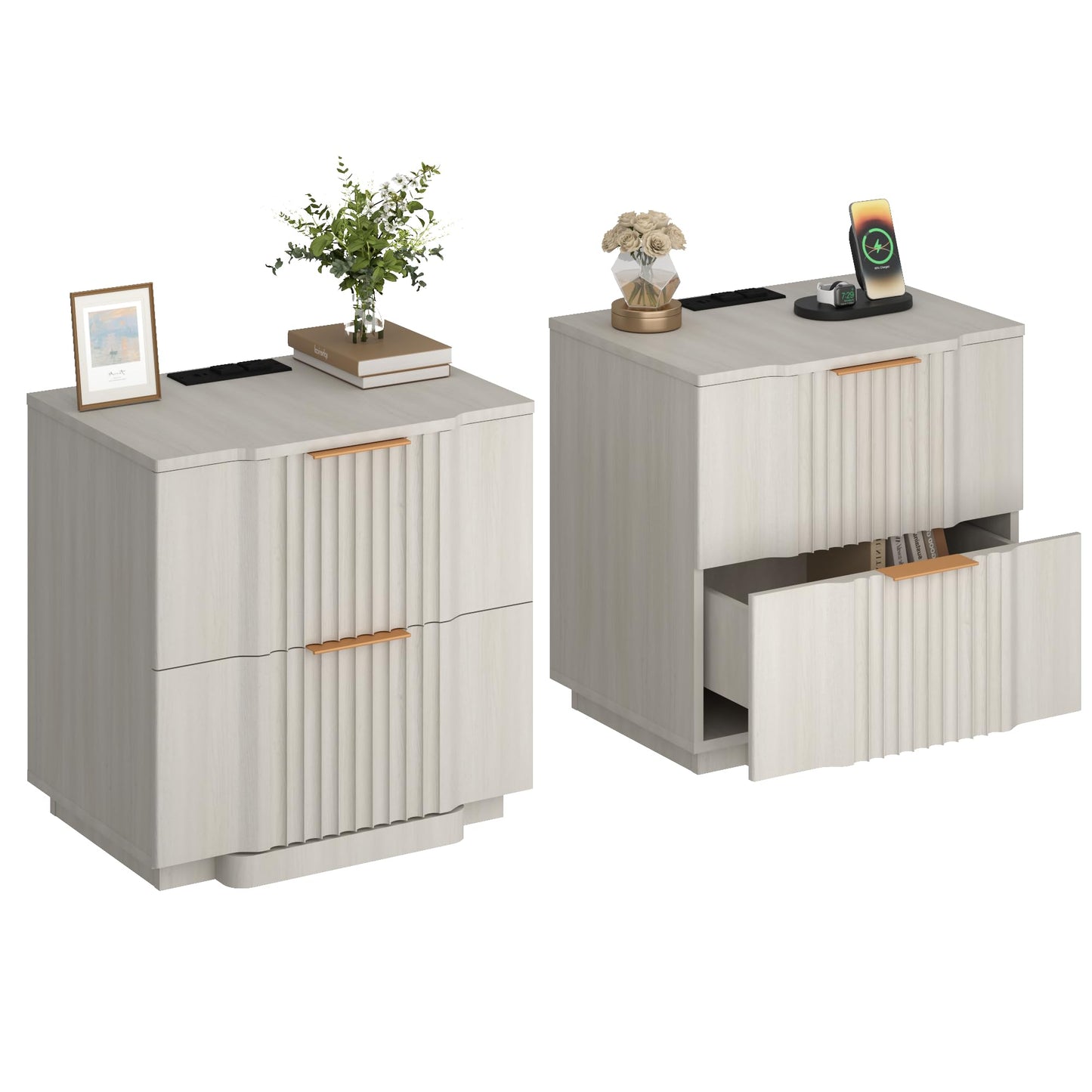 XIAO WEI Nightstand with 20W Fast Charging Station Set of 2, Fluted Nightstand with Drawers Set of 2, 21.7" Wide End Table with Storage,Night Stand for Bedroom, White
