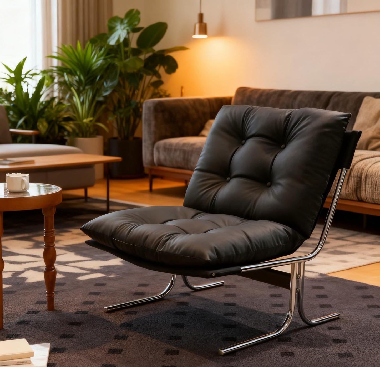 Modern Accent Chair Upholstered Lounge Chair with Chrome Metal Frame Oversized Comfy Armchair for Living Room Bedroom Home Office Reading Nook Wide Seat Sofa Chairs with Cushion Support, Black PU