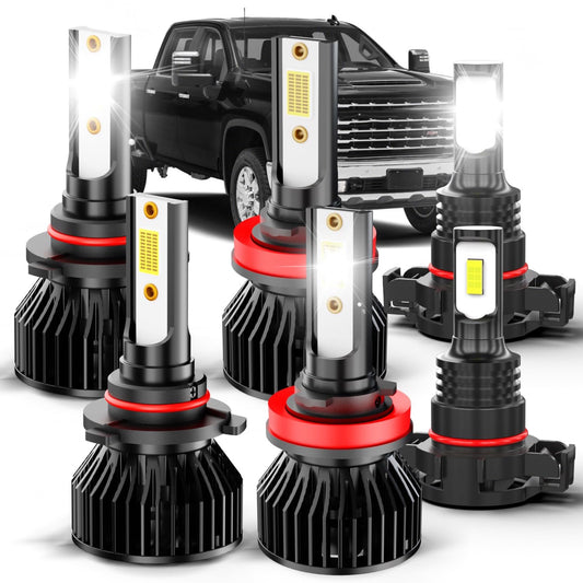 pfsynb LED Front Bulbs Combo for Chevrolet Silverado 2500 3500, 9005 High Beam + H11 Low Beam + 5202 Fog, 6000K White,