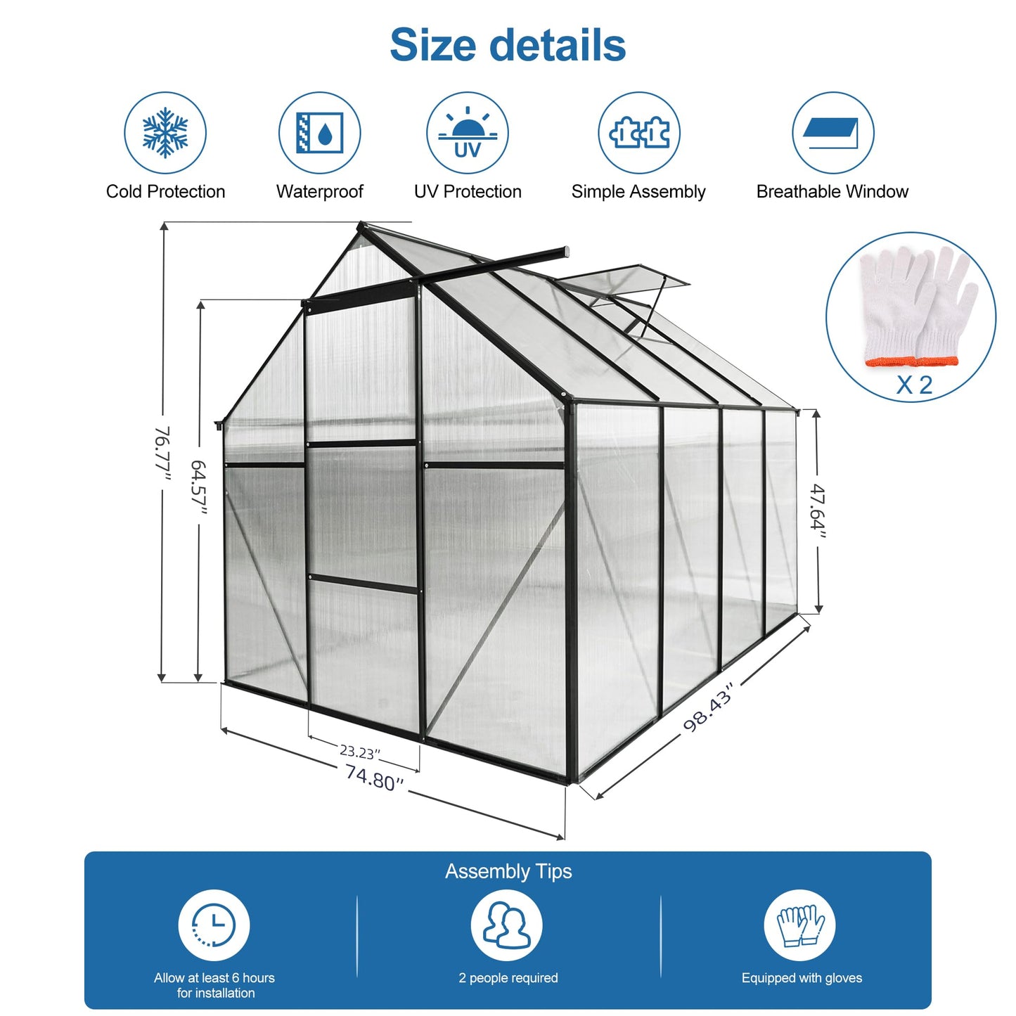 KEIKI 6x8 FT Polycarbonate Greenhouse with Aluminum Frame,Raised Base and Roof Vent,Walk-in Greenhouses for Patio Garden