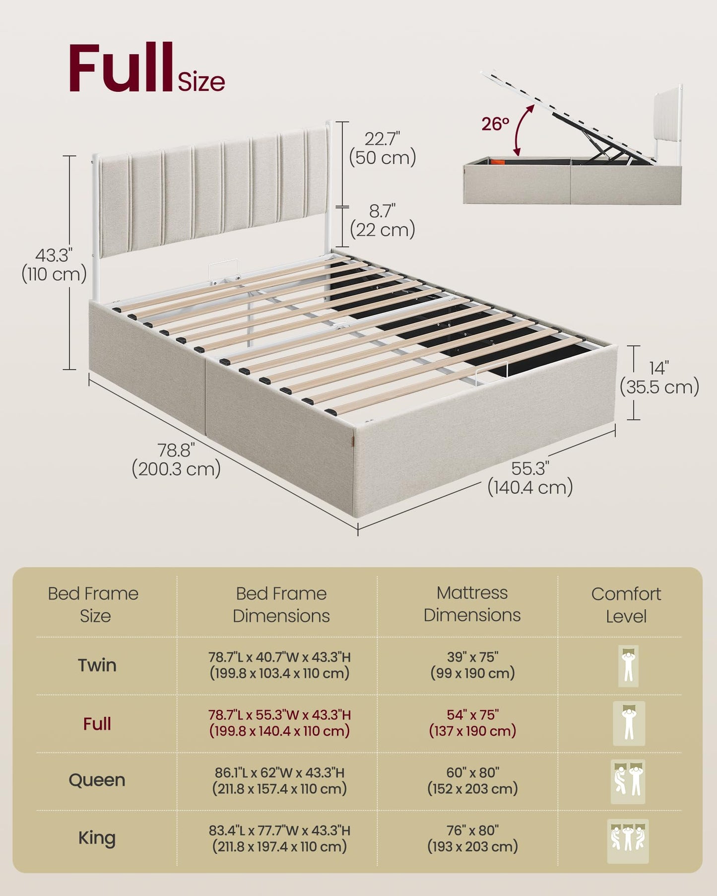 VASAGLE Lift Up Storage Bed Frame Full Size, Hydraulic Platform Bed, with Upholstered Headboard, 1100 lb Weight Capacity, No Box Spring Needed, Easy Assembly, Modern, Cappuccino Beige URMB602W01V1