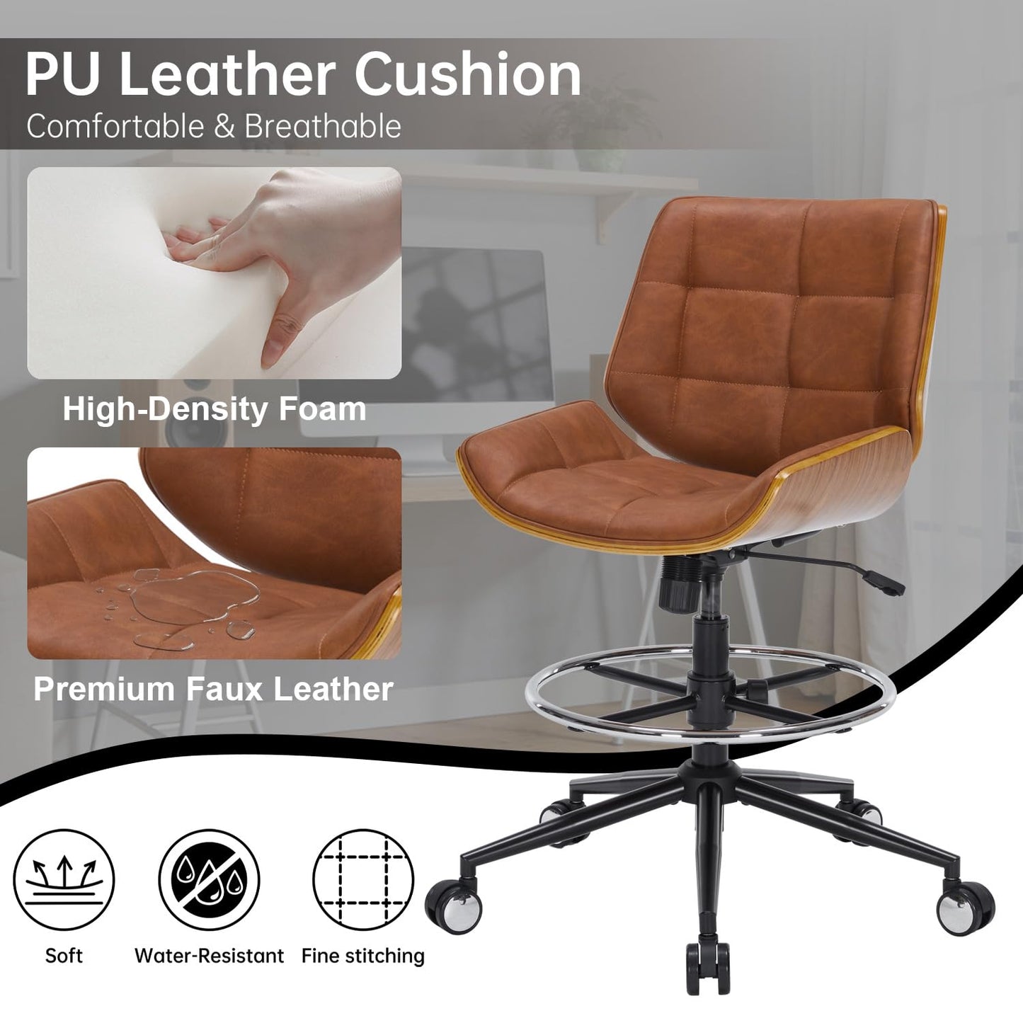 Drafting Office Chair Ergonomic Executive Computer Standing Desk Chair with Adjustable Height and Footrest Ring, Drafting Chair for Counter Height Desk and Drawing (Brown)
