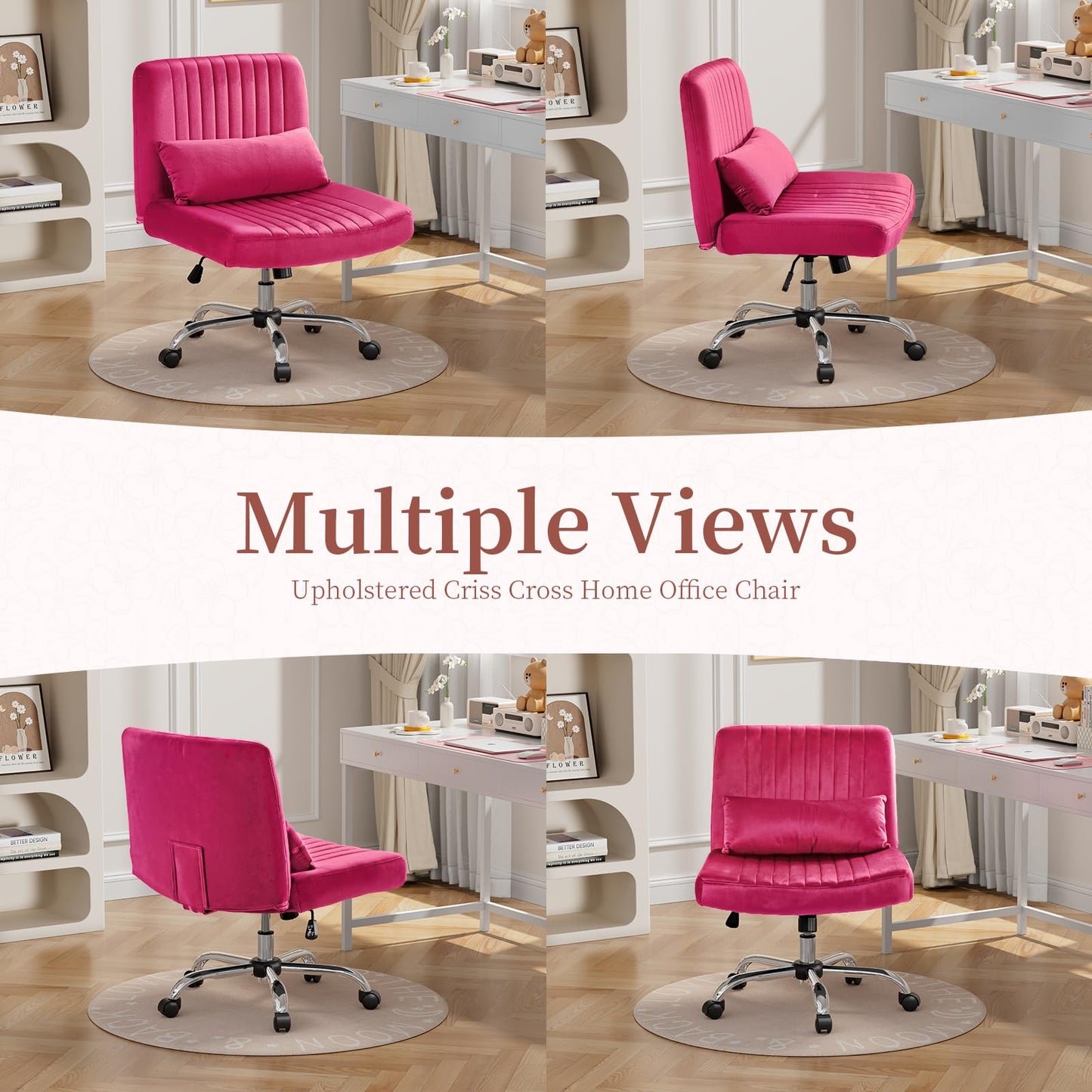 Warmiehomy Criss Cross Office Chair with Wheels, Velvet Cross Legged Desk Chairs for Home, Height Adjustable Swivel Wide Seat Computer Chair, Modern Vanity Chair for Women, Hot Pink