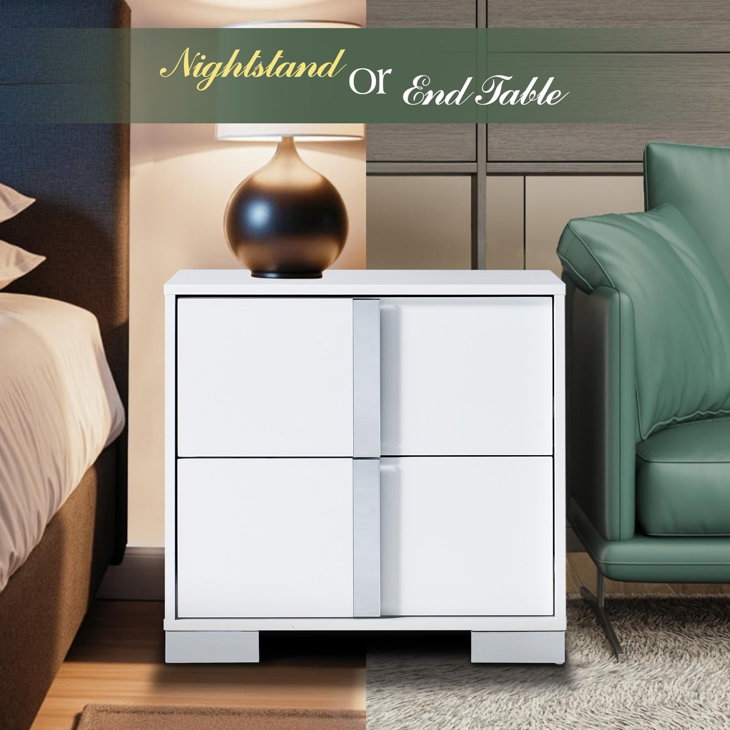 AMERLIFE Nightstand Set of 2, 23.6'' Modern End Table with Drawers, High Gloss UV Finish, Electroplated Pull Handle, Bedside Table for Bedroom, White