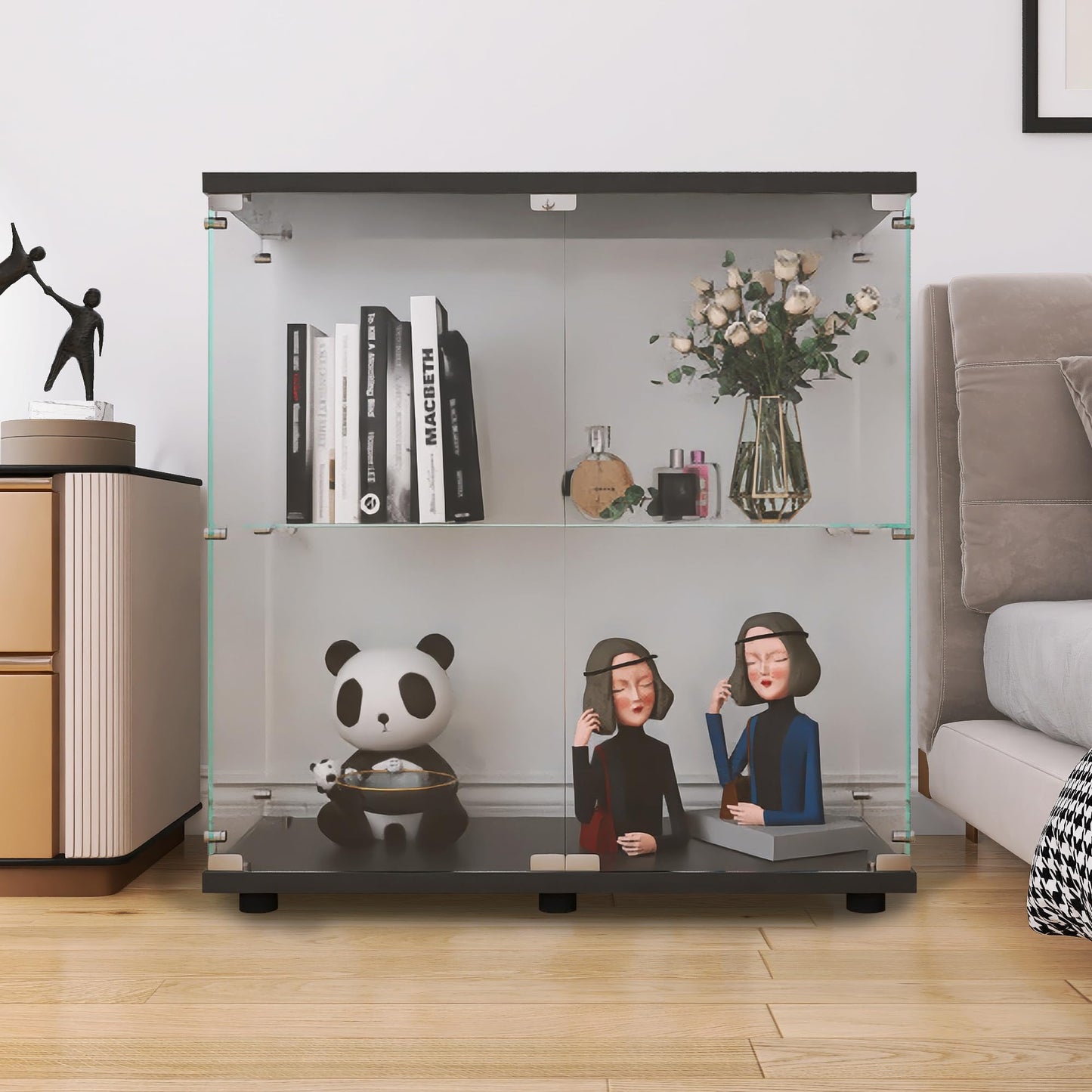 LFT HUIMEI2Y Glass Display Cabinet 2-Shelf with Double Door, Curio Cabinets Fast Installation in 30 Mins, Tempered Glass Floor Standing Bookshelf for Bedroom, Living Room 32.8”x 31.7”x 14.4” Black