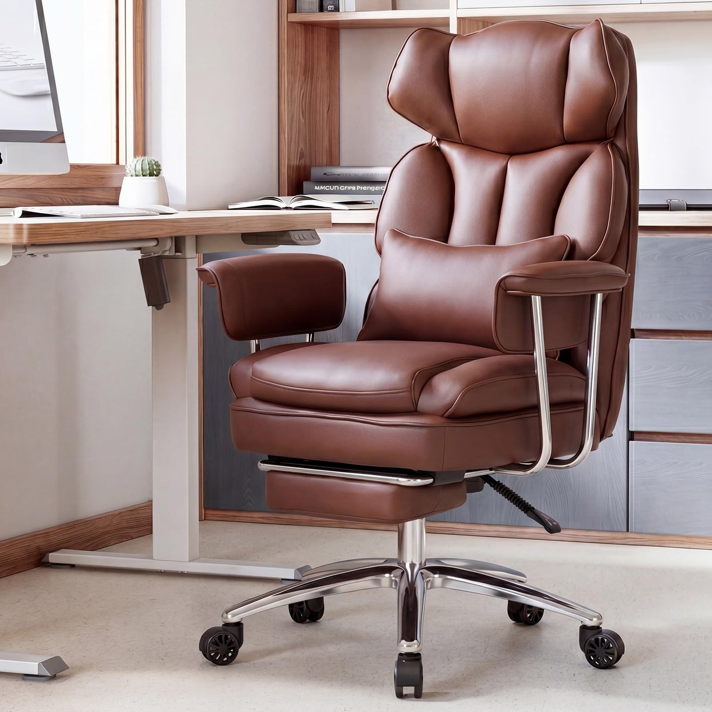 Sweetcrispy Executive Home Office Desk Chair - Ergonomic Big Tall High Back with Footrest & Lumbar Support, Reclining Height Adjustable, Comfy PU Leather Computer Gaming with Swivel Wheels, Brown