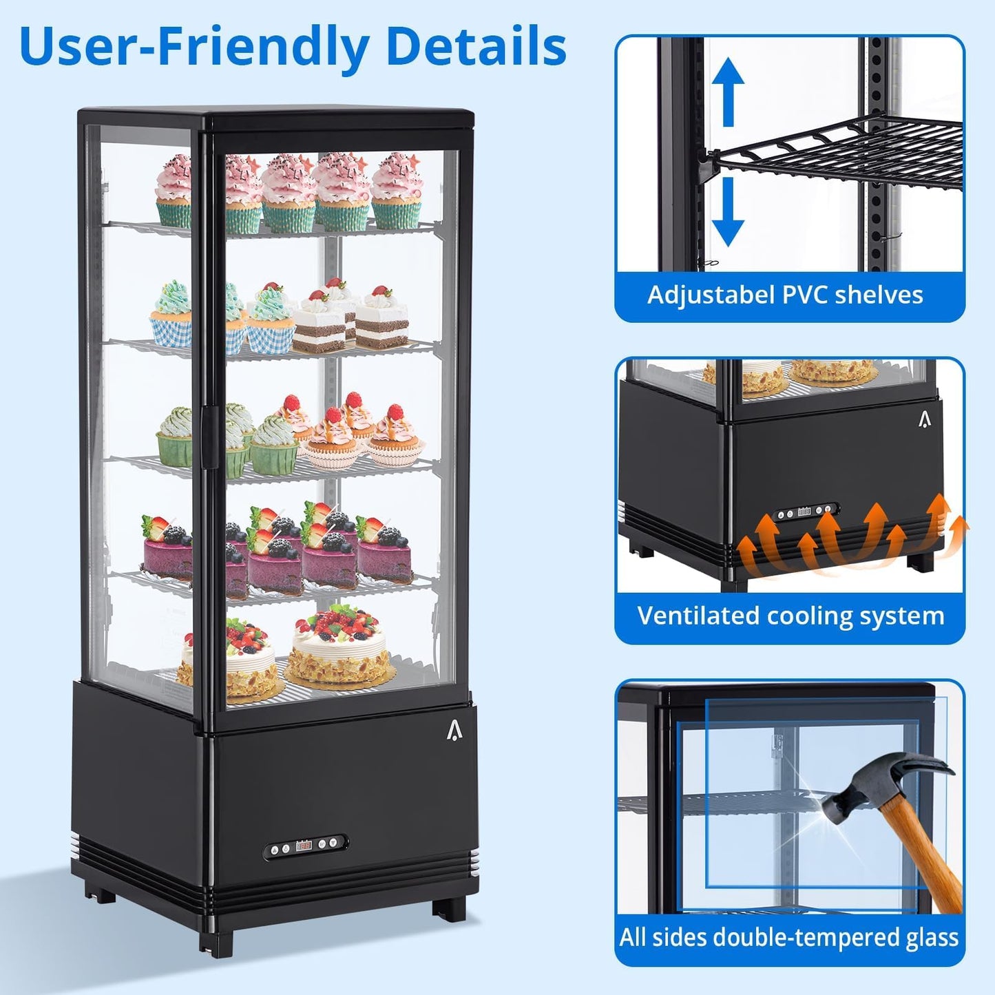 Countertop Display Refrigerator 3.4 Cu.ft, 4-Tier LED Pastry Cooler, Sliding Door, Adjustable Shelves, Commercial Fridge for Bakery Cafe Restaurant, Frost-Free, Black