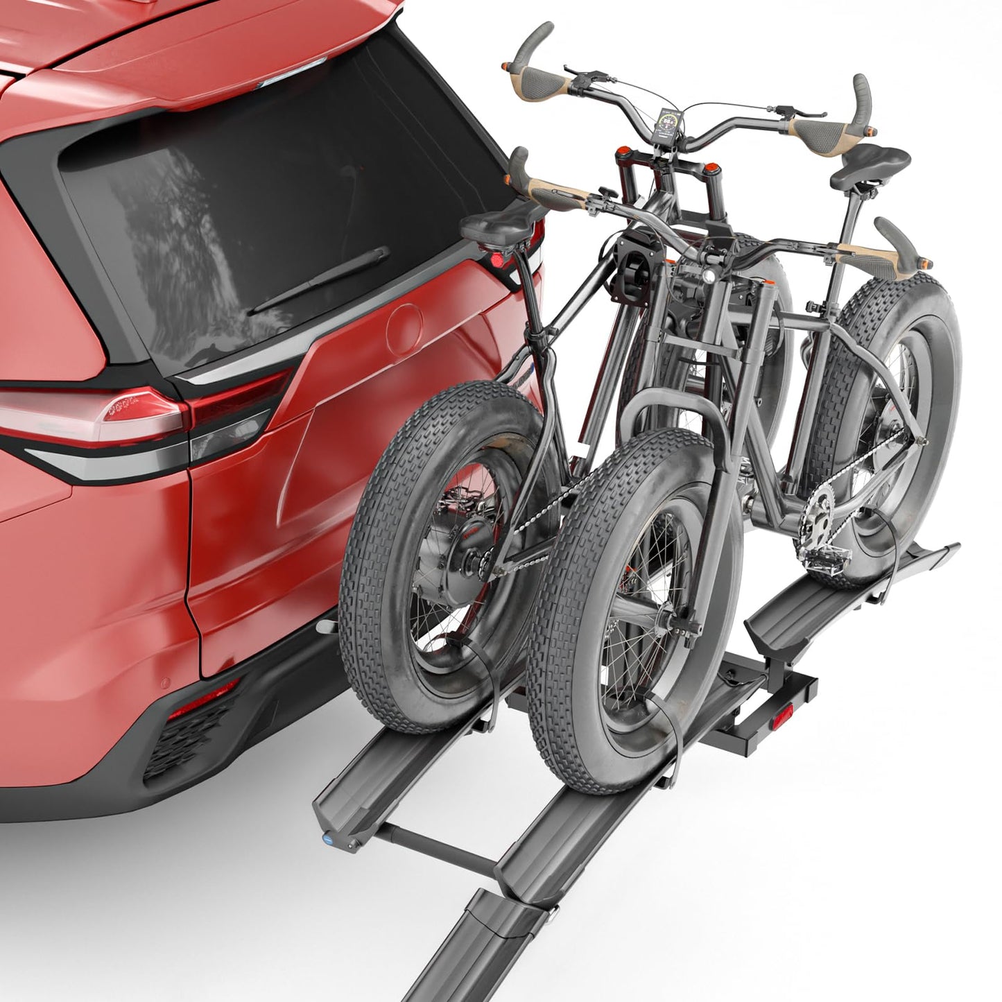 YZONA Foldable EBike Rack with Ramp for 2 Heavy Ebike, Fits 5'' Fat Tire Hitch Bike Rack, XXL Wheel Straps, Lockable & Tiltable, for Cars, SUVs, Trucks, Trailers