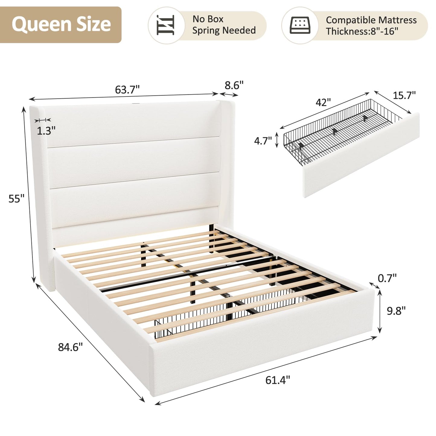 Glirun Queen Size Bed Frame, 55" Tall Headboard with Wingback, Chenille Fabric Upholstered Platform Bed, Large Storage Drawer, Charging Station, LED Lights, Noise-Free, No Box Spring Needed, White